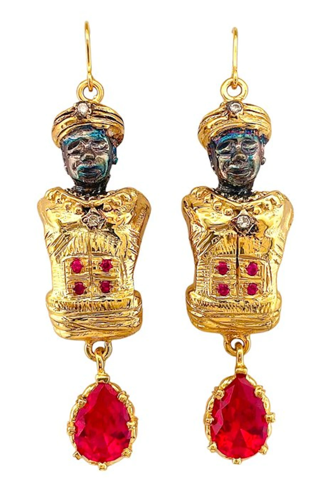 No reserve price - Earrings - 9 kt. Yellow gold, Silver Ruby - Diamond