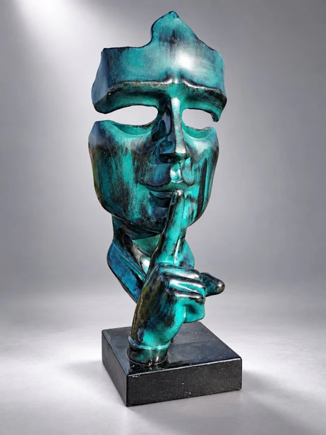 Statue, artistic Statue head on block '' THE SILENCE ''...