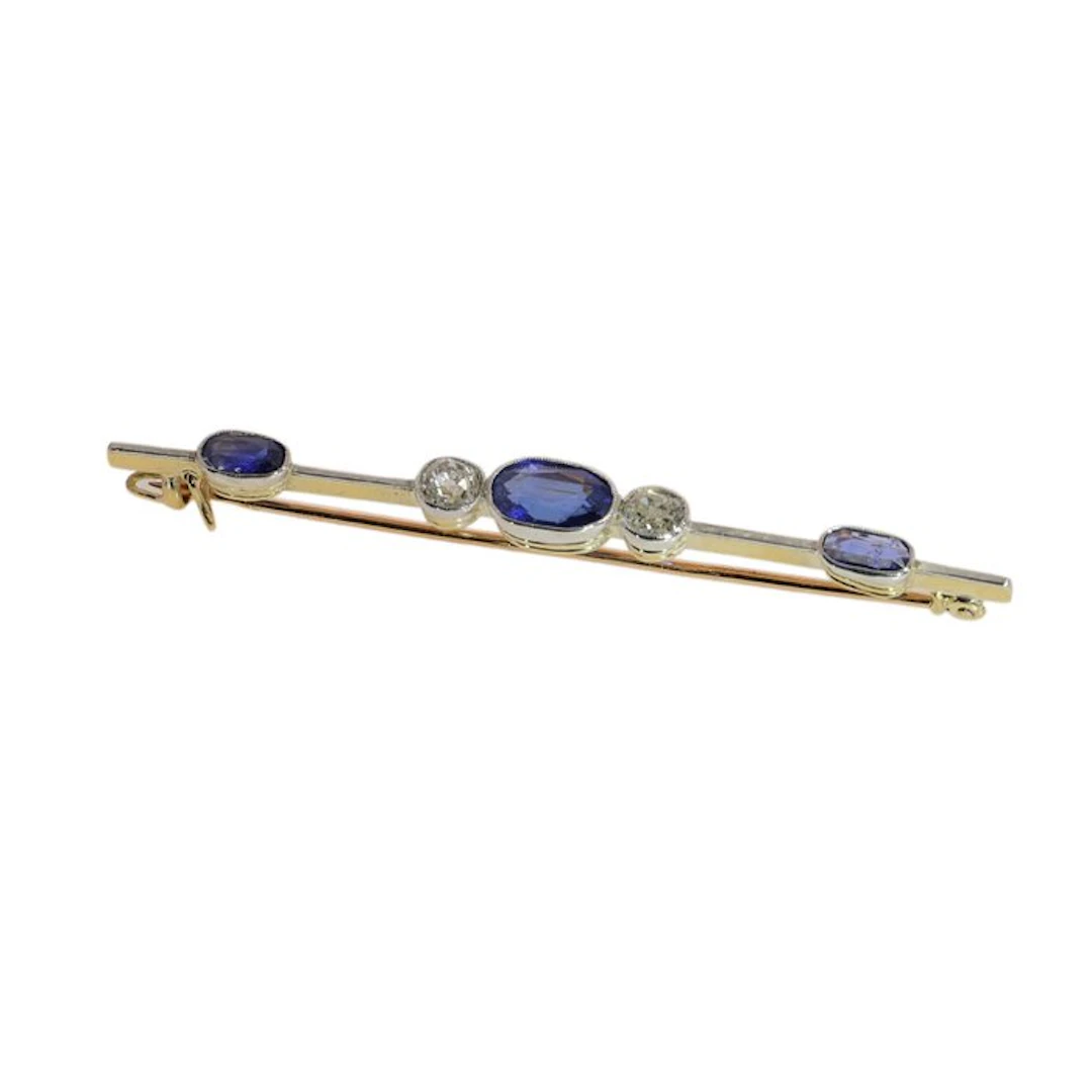 Brooch - 18 kt. Yellow gold - 1.10ct. tw. Sapphire - Diamond - Art Deco 1920