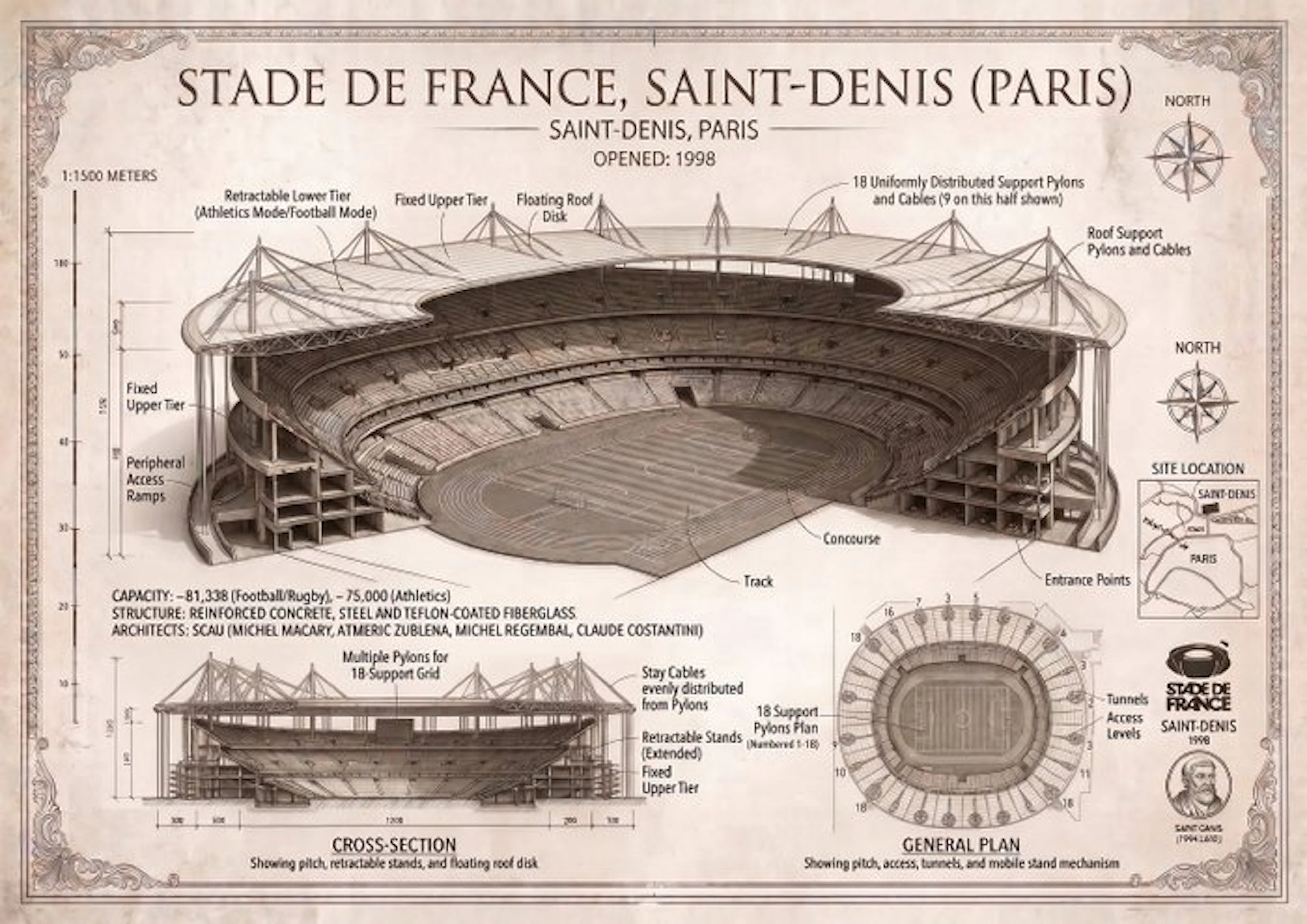 OrtsAtelier - Architecturale Blauwdruk Stade de France (Parijs) - 118,8x84 cm