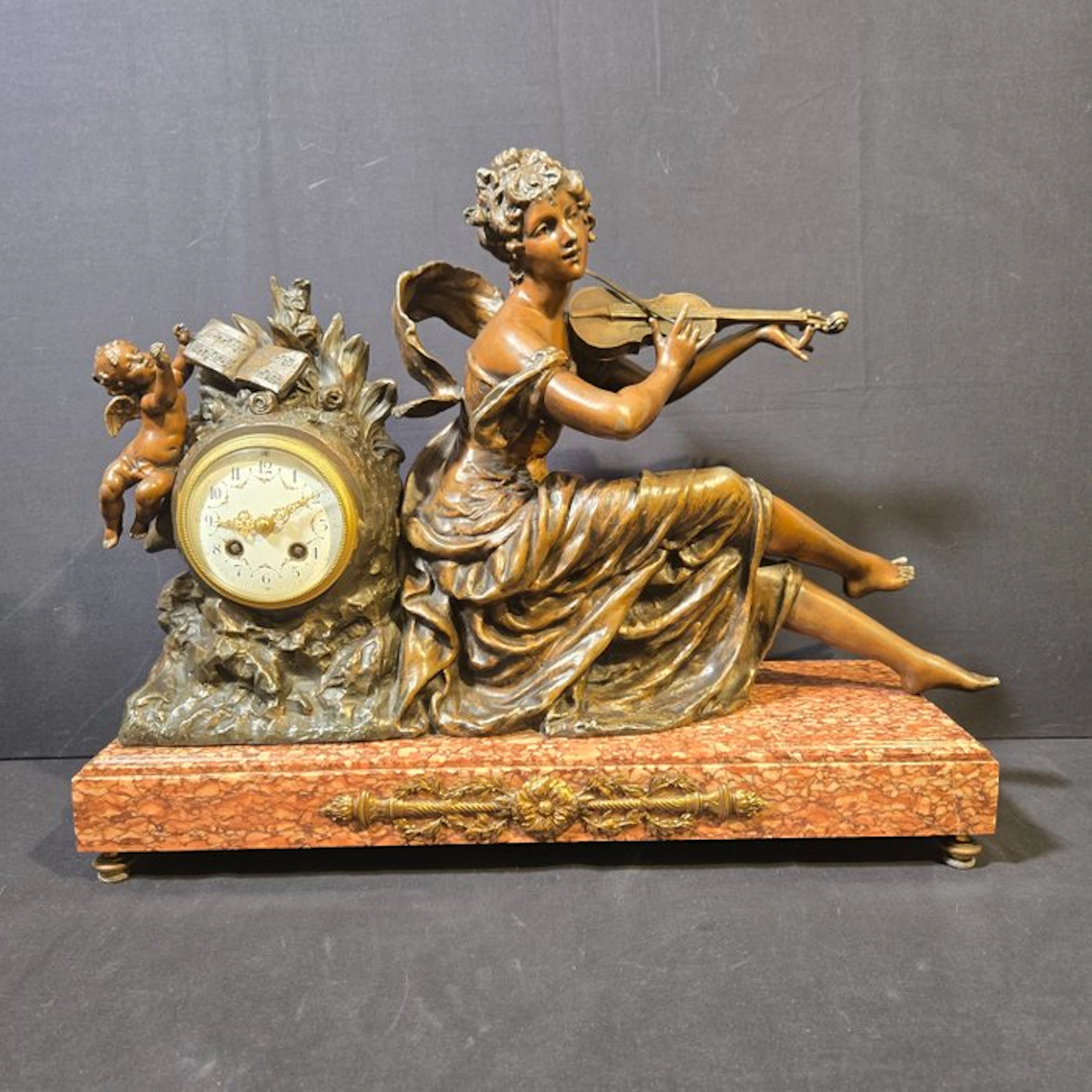 Table clock Neoclassical Style Alloy, Marble - 1850-1900 - Lady with violin