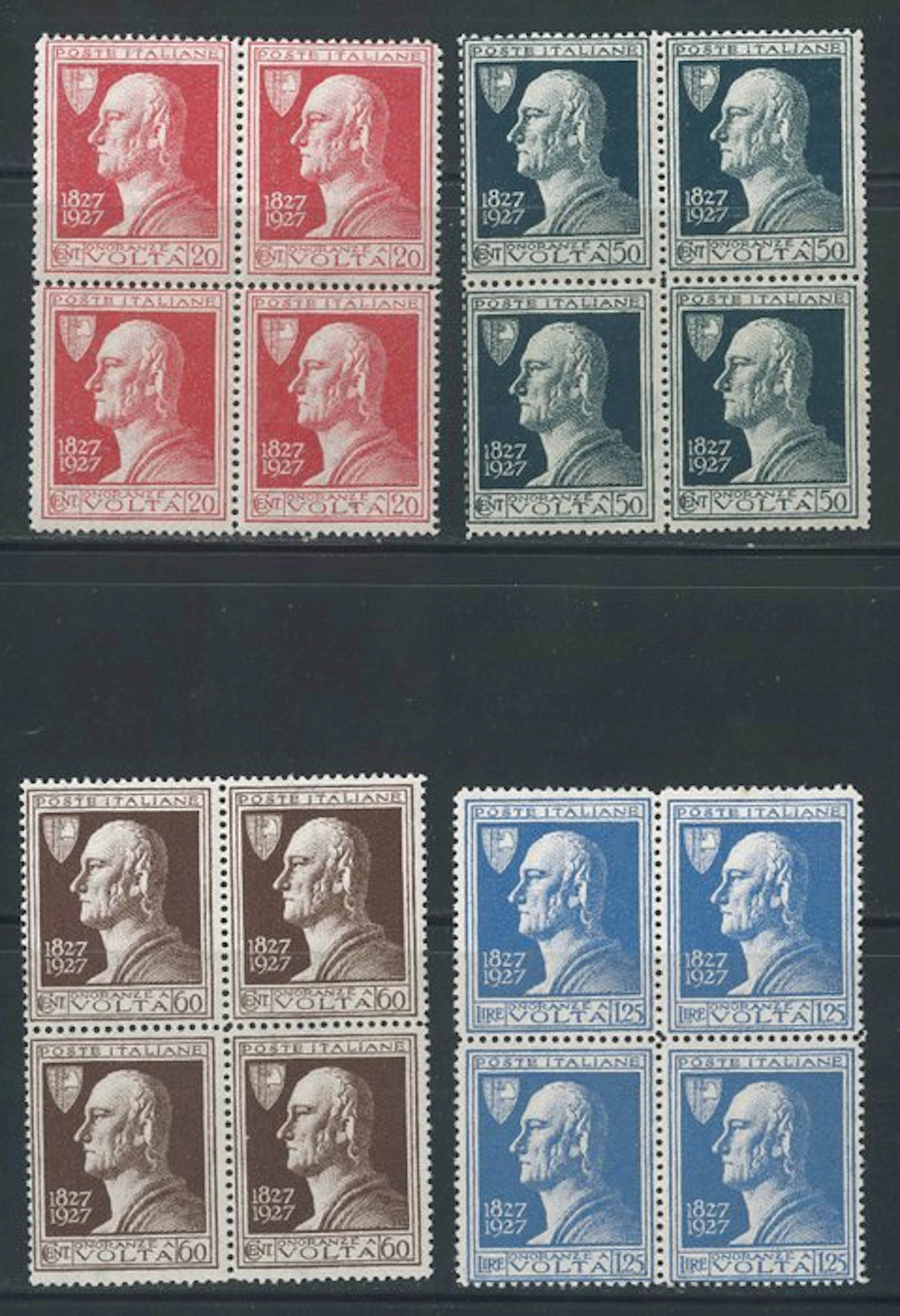 Italy Kingdom - Volta, complete series nos. 210–213, in fresh four-stamp