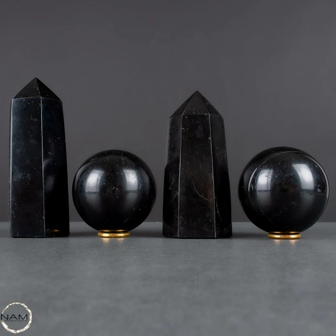Black Tourmaline Set – Two Spheres and Two Obelisks with...
