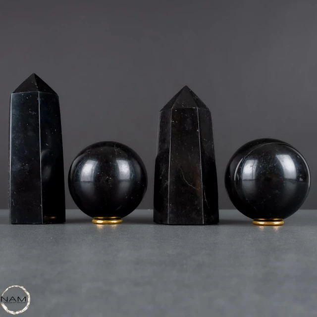 Black Tourmaline Set – Two Spheres and Two Obelisks with...