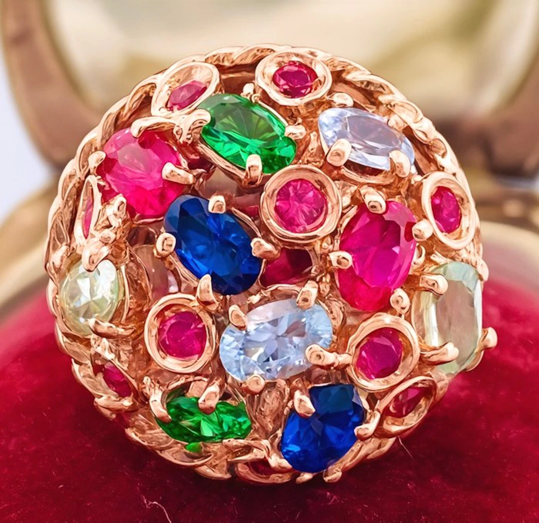 No reserve price - Ring - 9 kt. Rose gold, Silver Ruby - Emerald