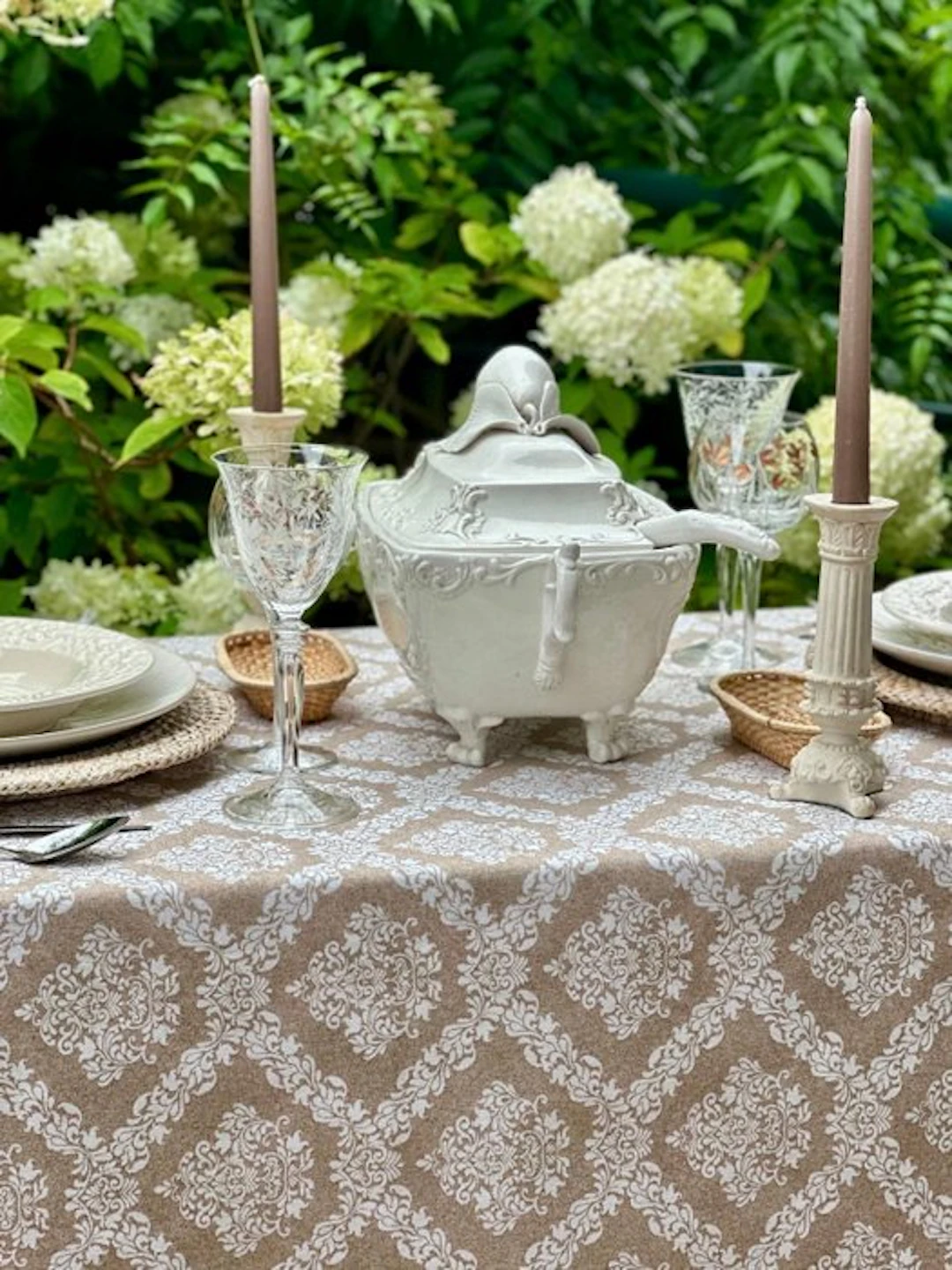 ** Beige and white patterned tablecloth for large tables
