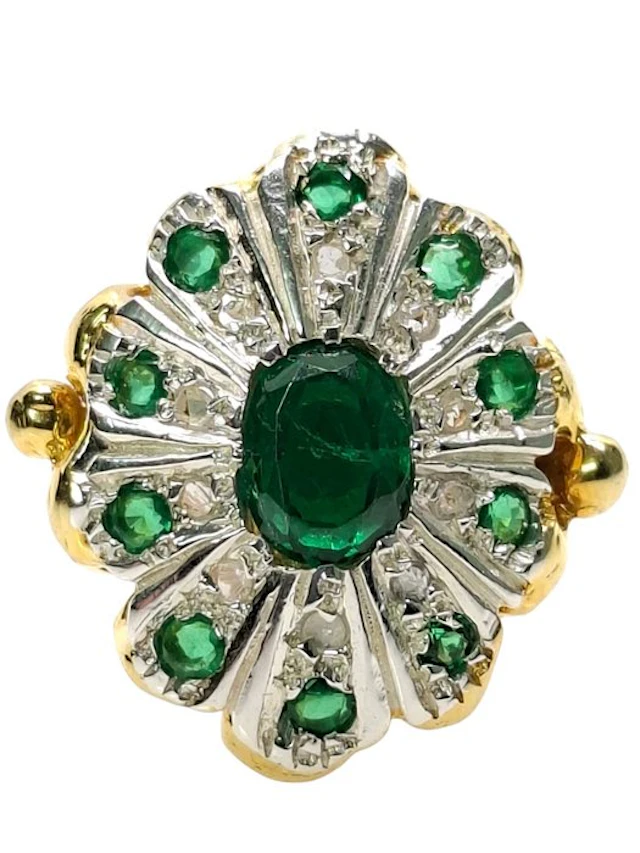 No reserve price - Ring - 9 kt. Silver, Yellow gold Emerald - Mixed gemstones