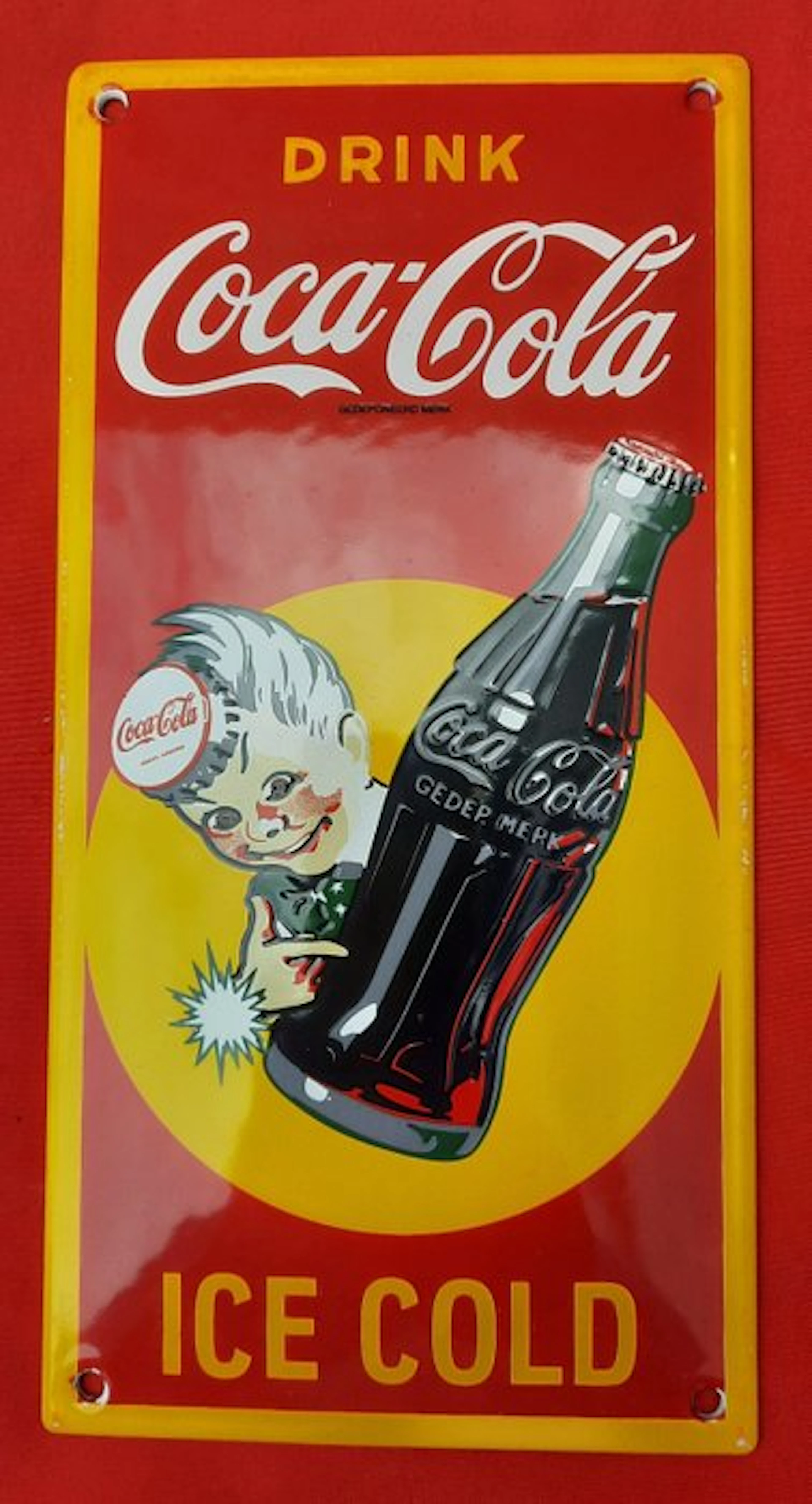 DRINK COCA-COLA SOLD HERE ICE COLD - enamel advertising...