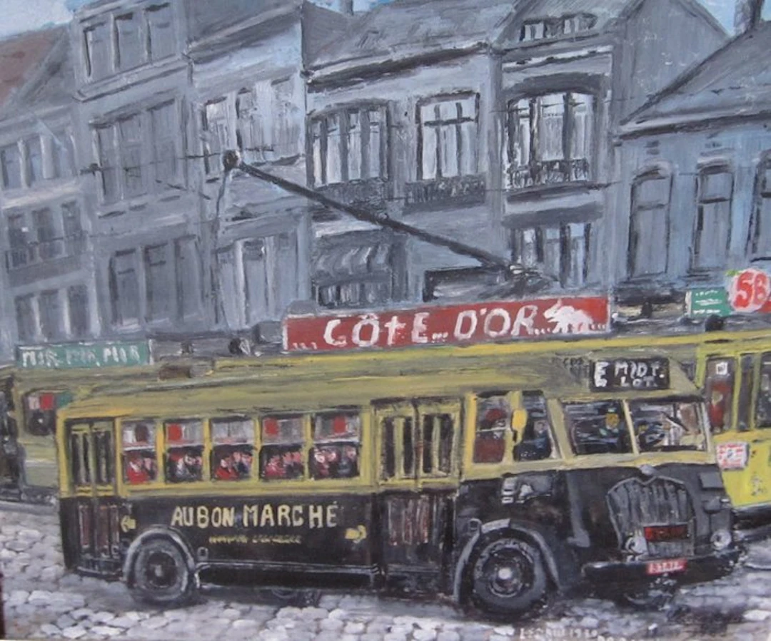 Belgian school (XX) - Scène urbaine avec autobus Brossel (Au Bon Marché)