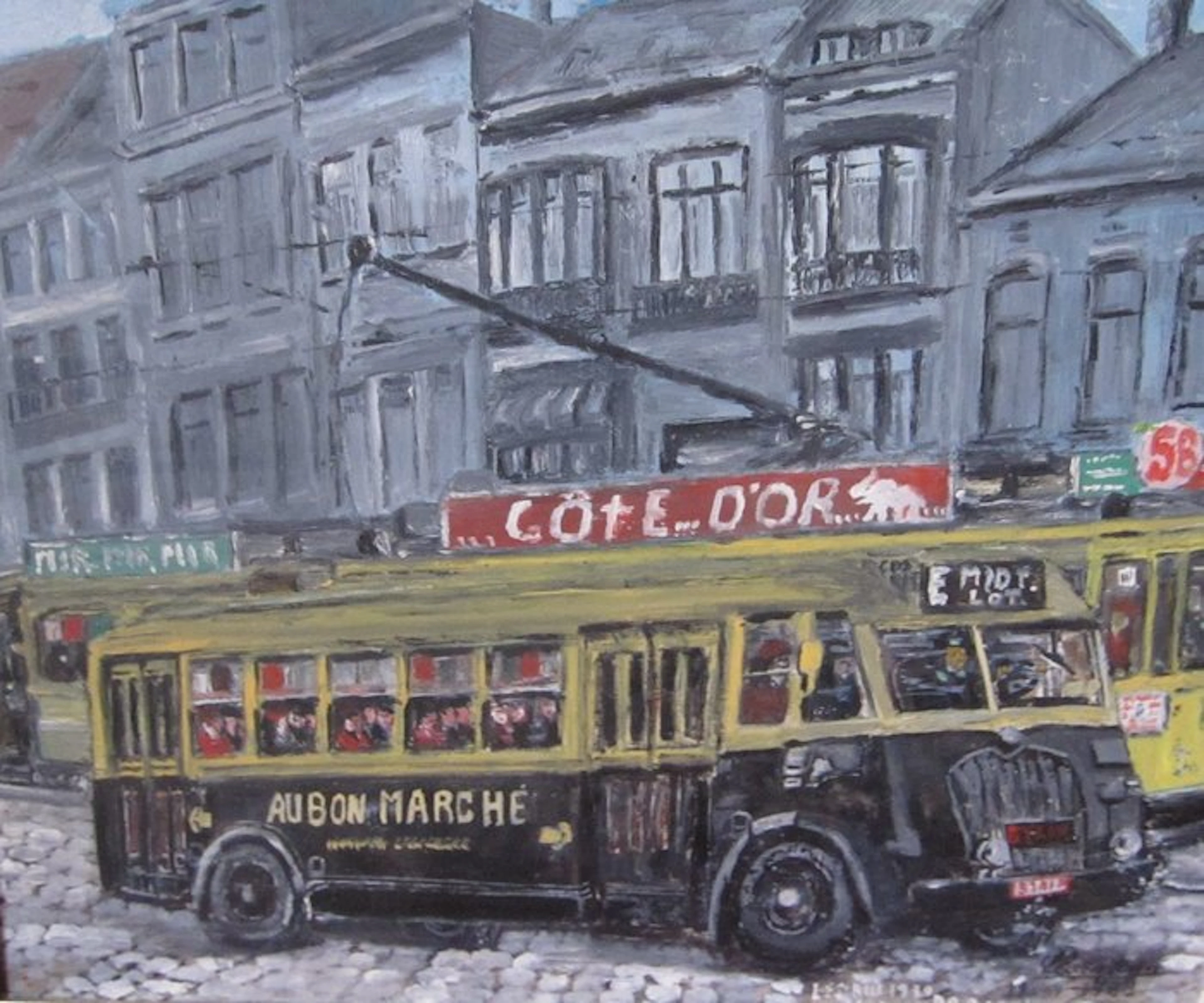 Belgian school (XX) - Scène urbaine avec autobus Brossel (Au Bon Marché)