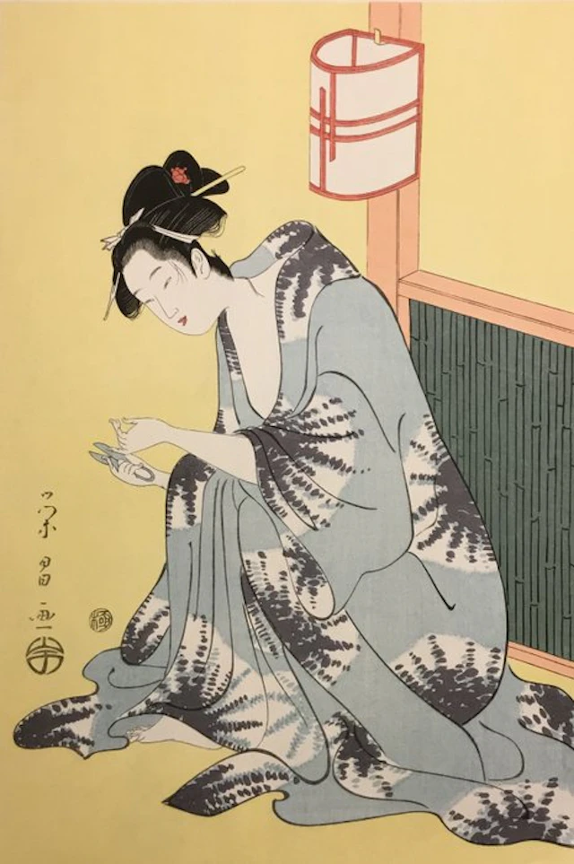 Een vrouw knipt haar nagels na het bad - Chokusai Eisho (actief 1790's) - Japan