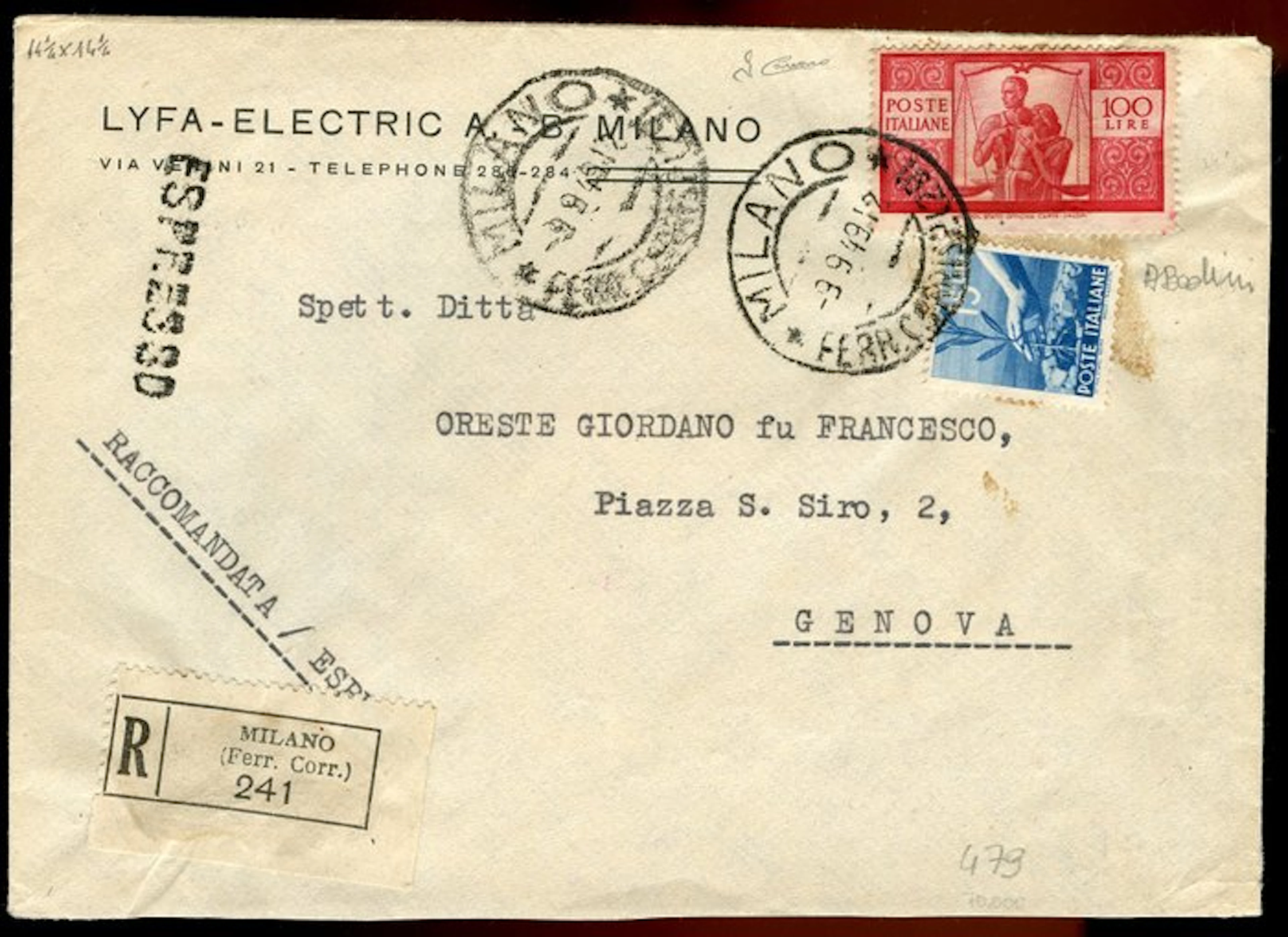 Italy - 100 Lire Democratica on the envelope. Three letters. Also