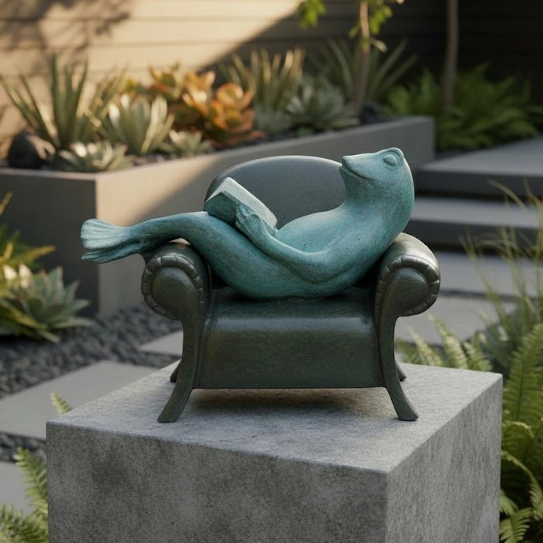 Sculpture, Reading Frog in Chair - 18 cm - 13 cm - Bronze