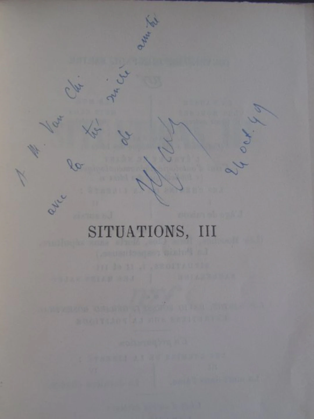 Signé ; Jean-Paul SARTRE - Situations III - 1949