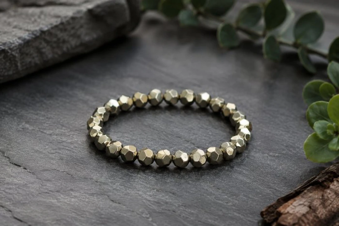 Elegant Bracelet of Natural Pyrite – Faceted Beads –...
