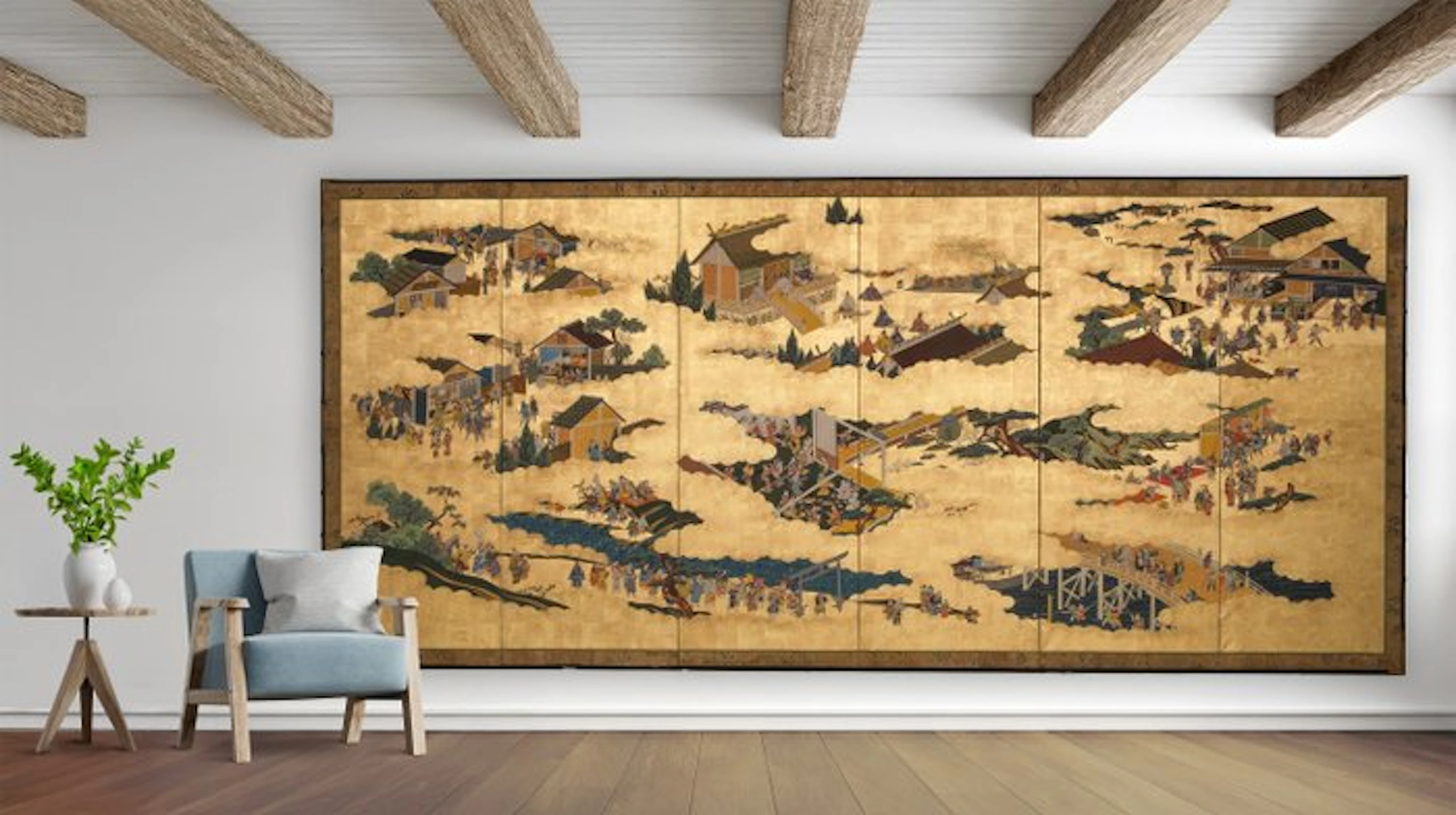 Folding screen with festive genre painting - Silk