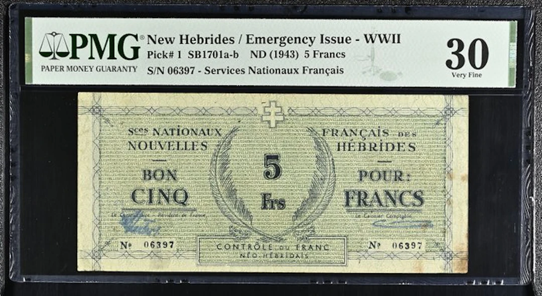 New Hebrides. - 5 Francs - ND (1943) - Pick 1 (No reserve price)