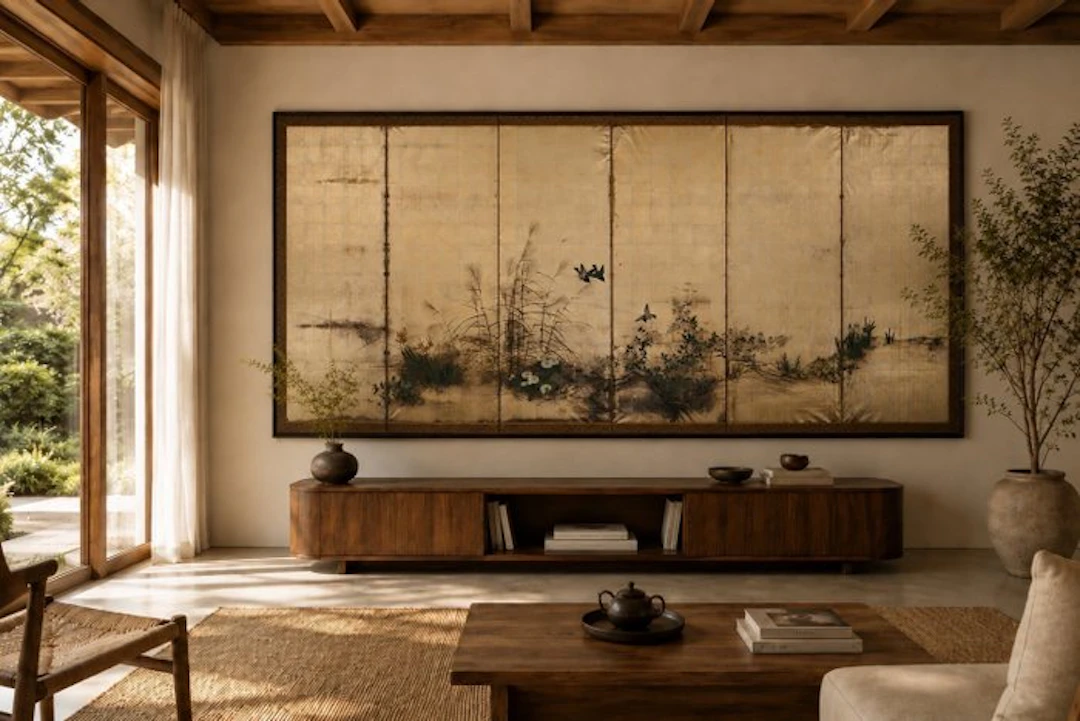 A silver leaf six-panel byobu folding screen with autumn...