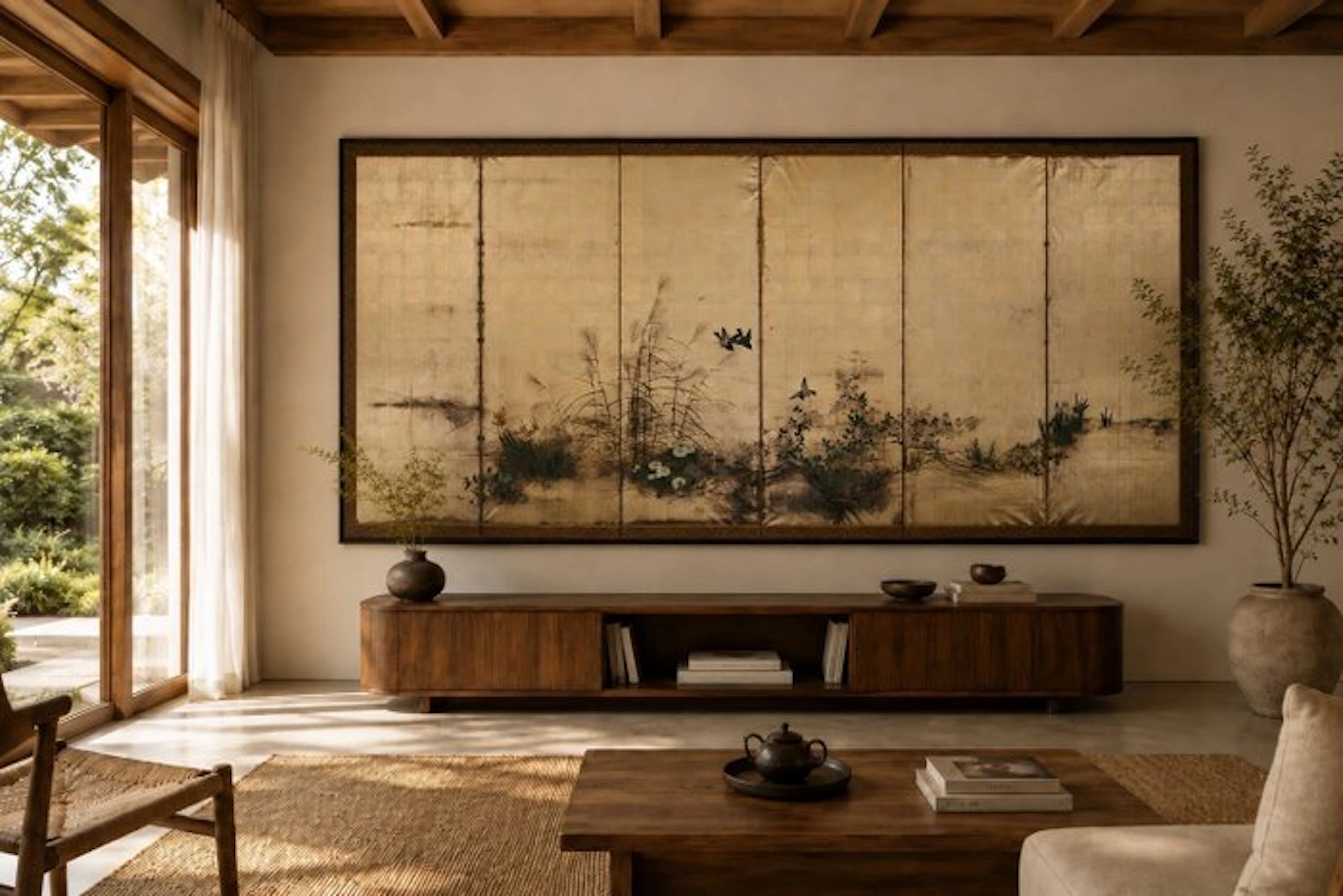 A silver leaf six-panel byobu folding screen with autumn...