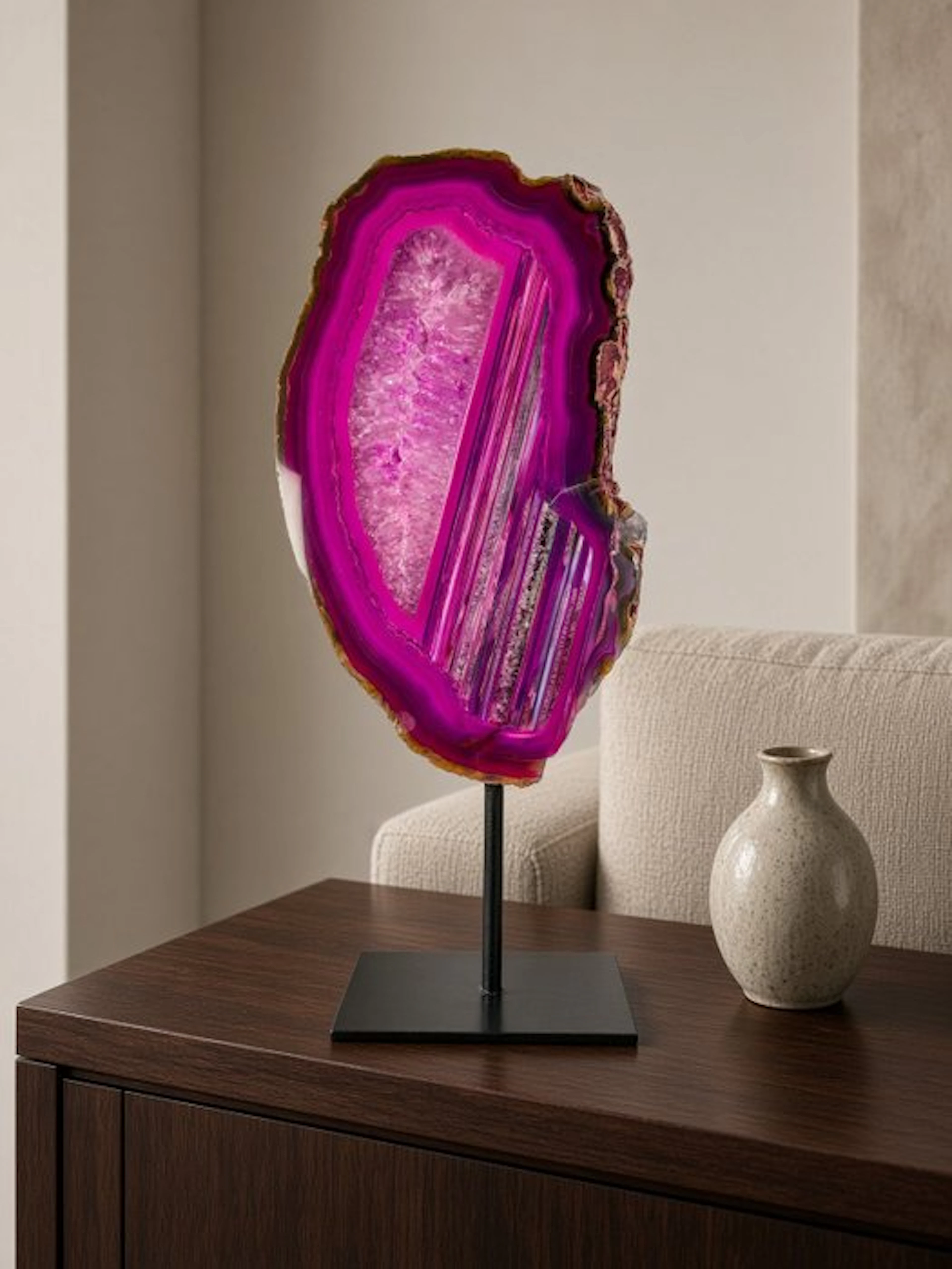 Agate - pink rock crystal geode on stand Geode - Height...