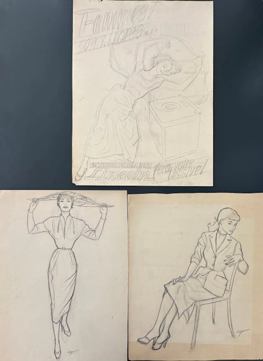 Hugues GHIGLIA - 3 dessins originaux. Pub machine à laver Lincoln. - 1950s