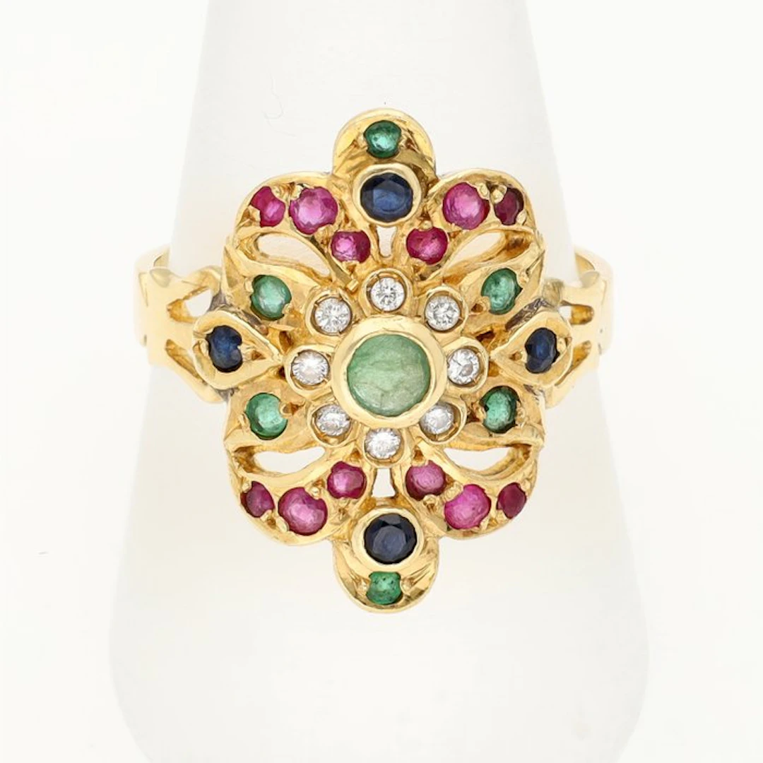Ring - 18 kt. Yellow gold - Diamond - ruby/emerald/sapphire