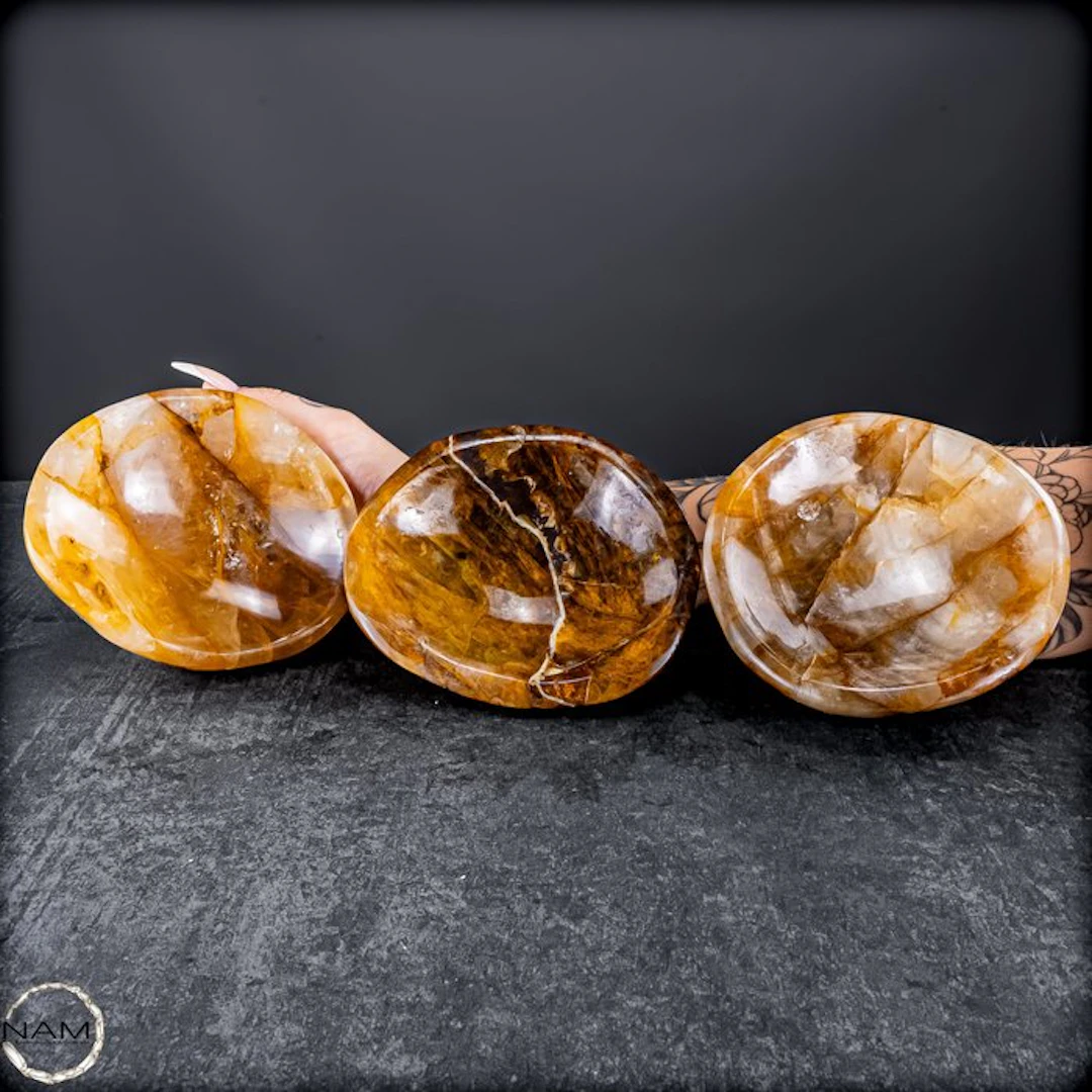 Golden Healer Quartz Bowl Set – 3 luminous natural stone...