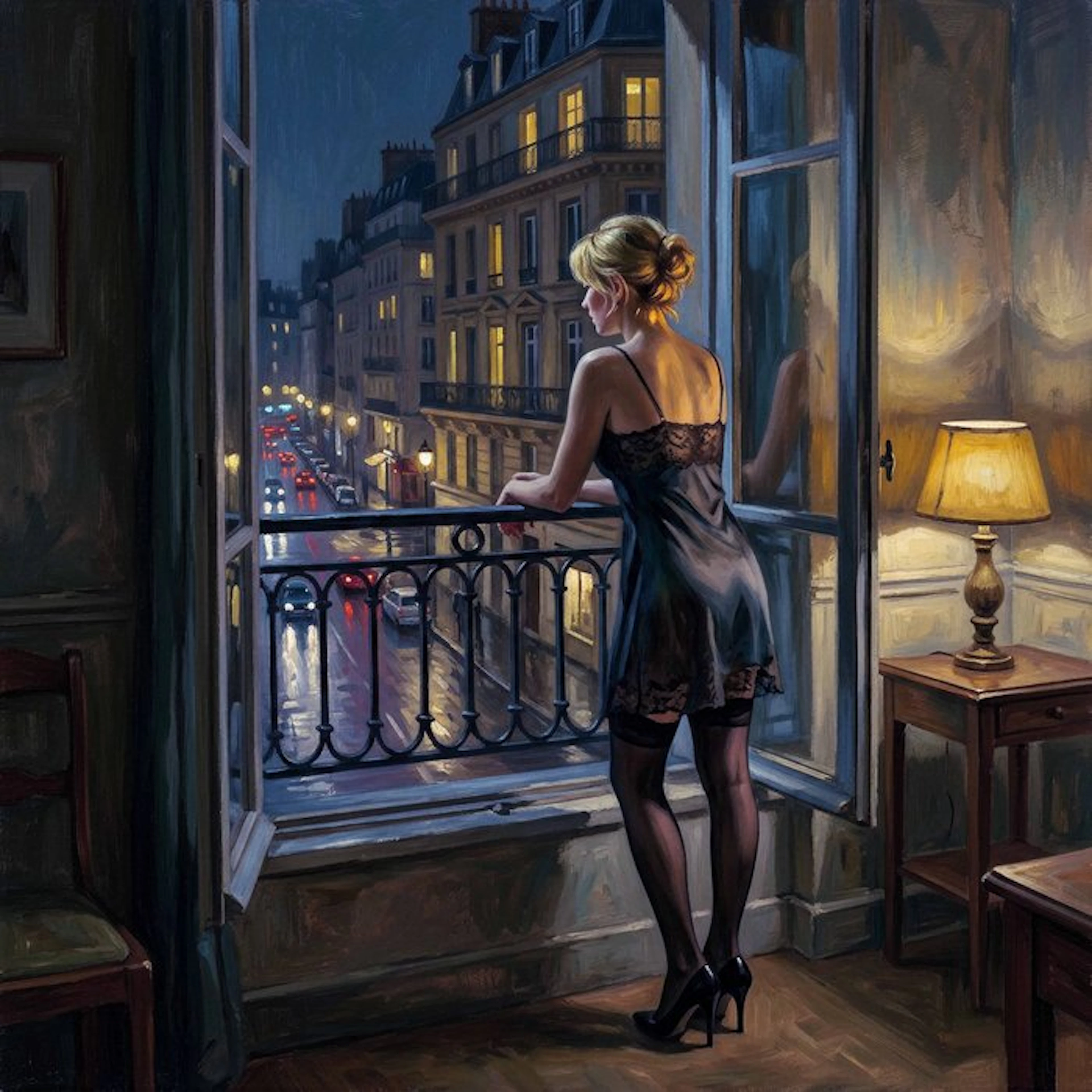 Le Yack - Third Floor, Rainy Boulevard - Technique mixte sur toile, Hand signed