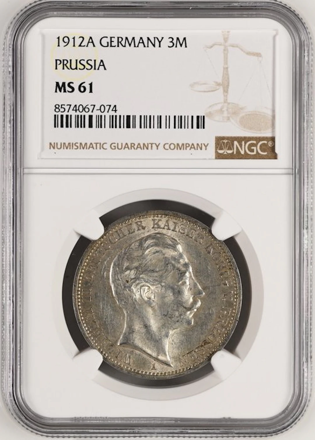 Germany, Prussia Wilhelm II. 3 Mark 1912 - NGC MS61