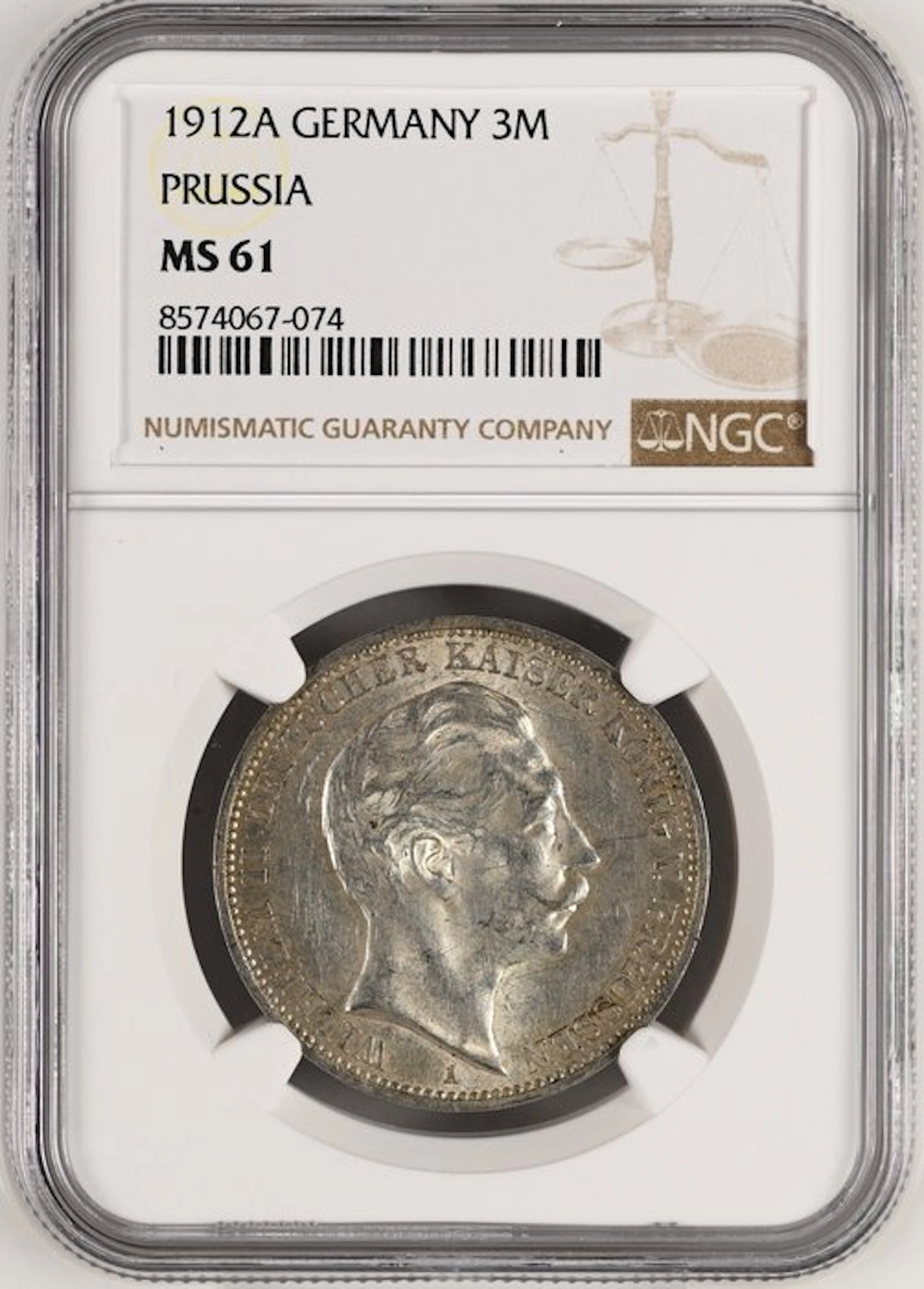 Germany, Prussia Wilhelm II. 3 Mark 1912 - NGC MS61