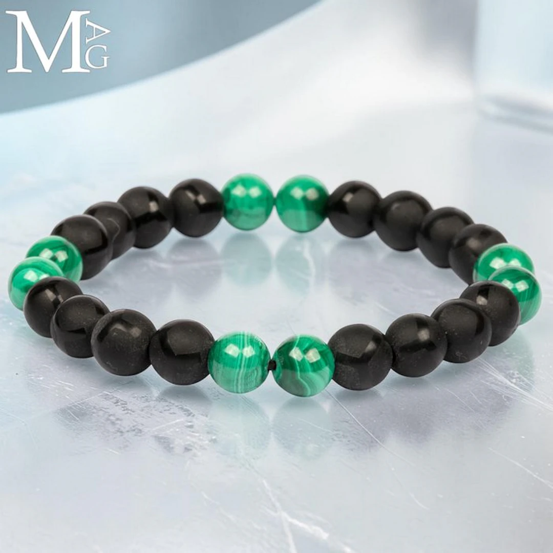 Elastic Bracelet with Natural Malachite and Satin Black...