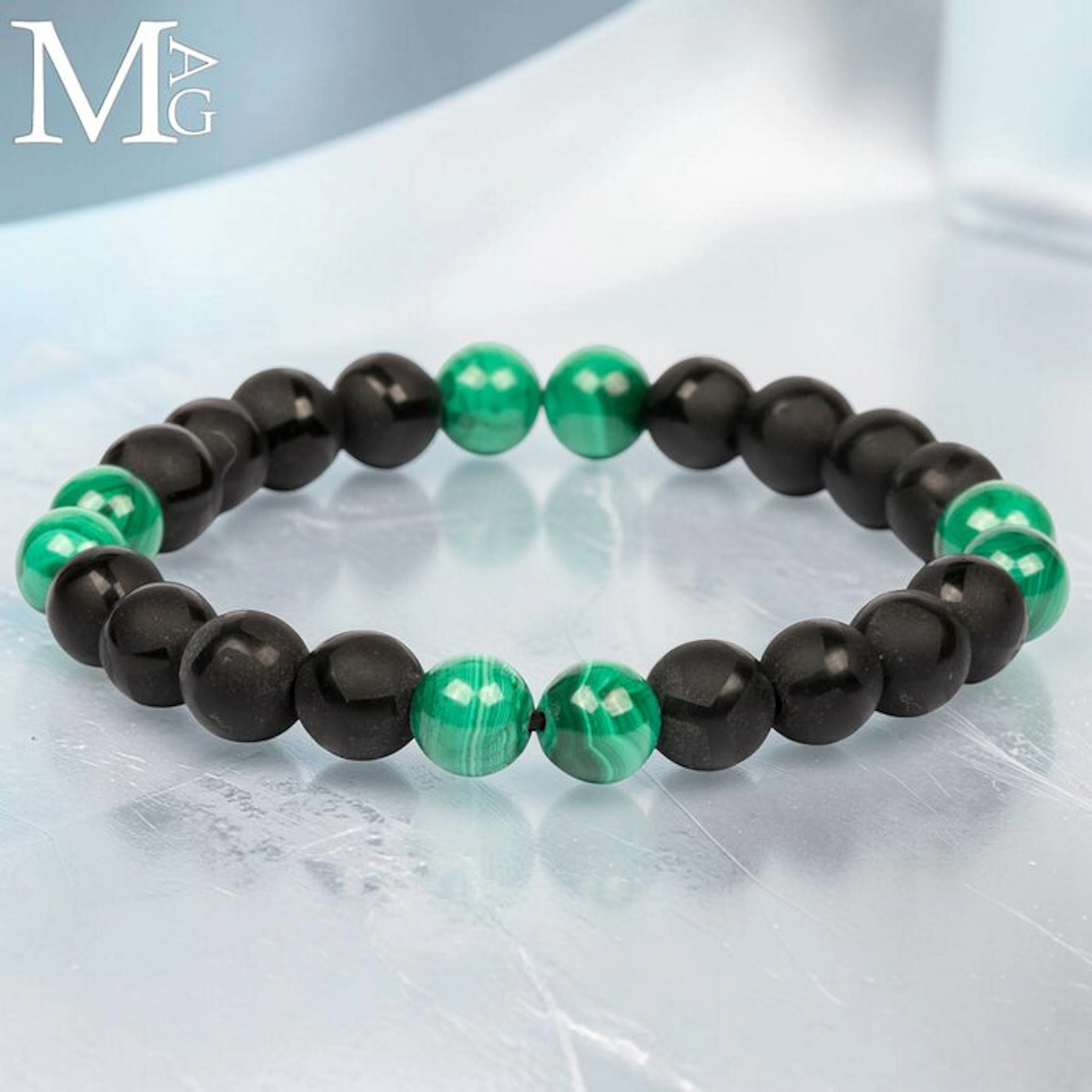 Elastic Bracelet with Natural Malachite and Satin Black...