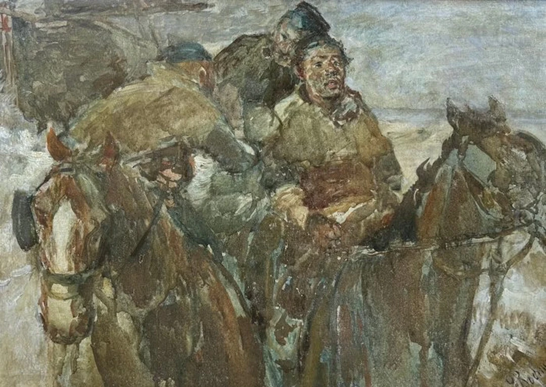 G von Bochmann (1850-1930) - Kar met vissers op het strand