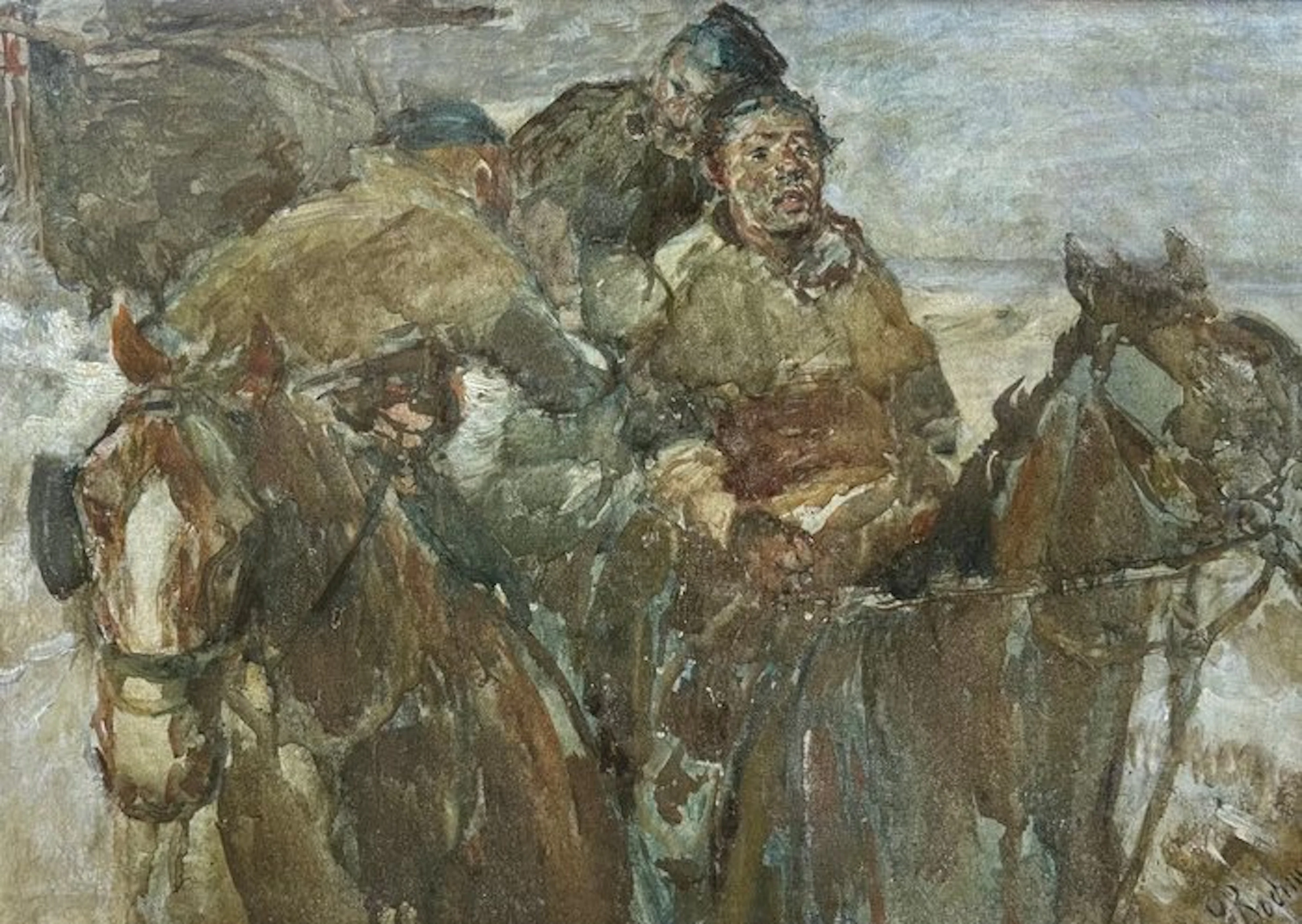 G von Bochmann (1850-1930) - Kar met vissers op het strand