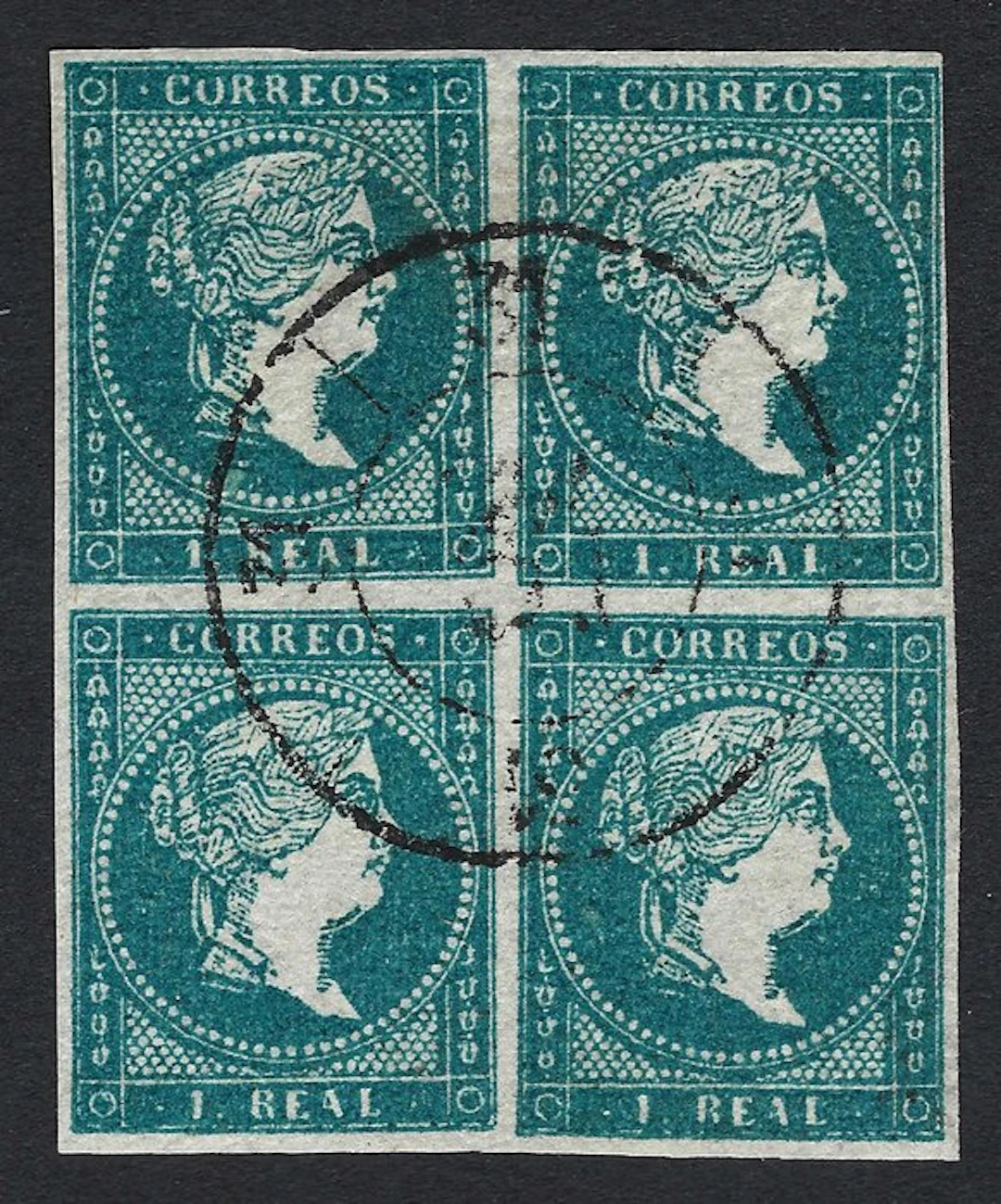 Spain 1855 - Isabel II 1 Real Azul bloque filigrana líneas - Edifil Nº 45a