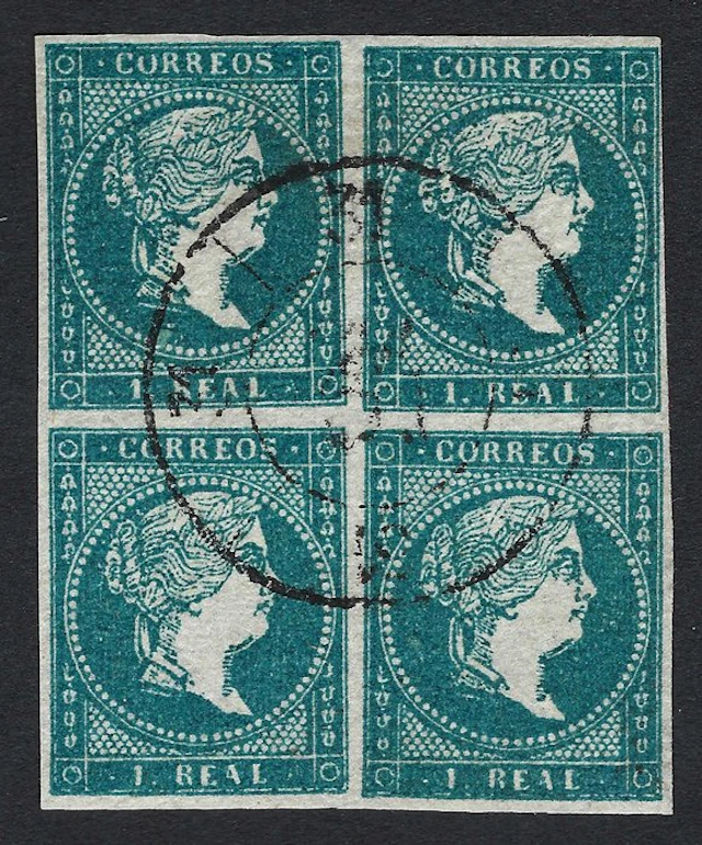 Spain 1855 - Isabel II 1 Real Azul bloque filigrana líneas - Edifil Nº 45a