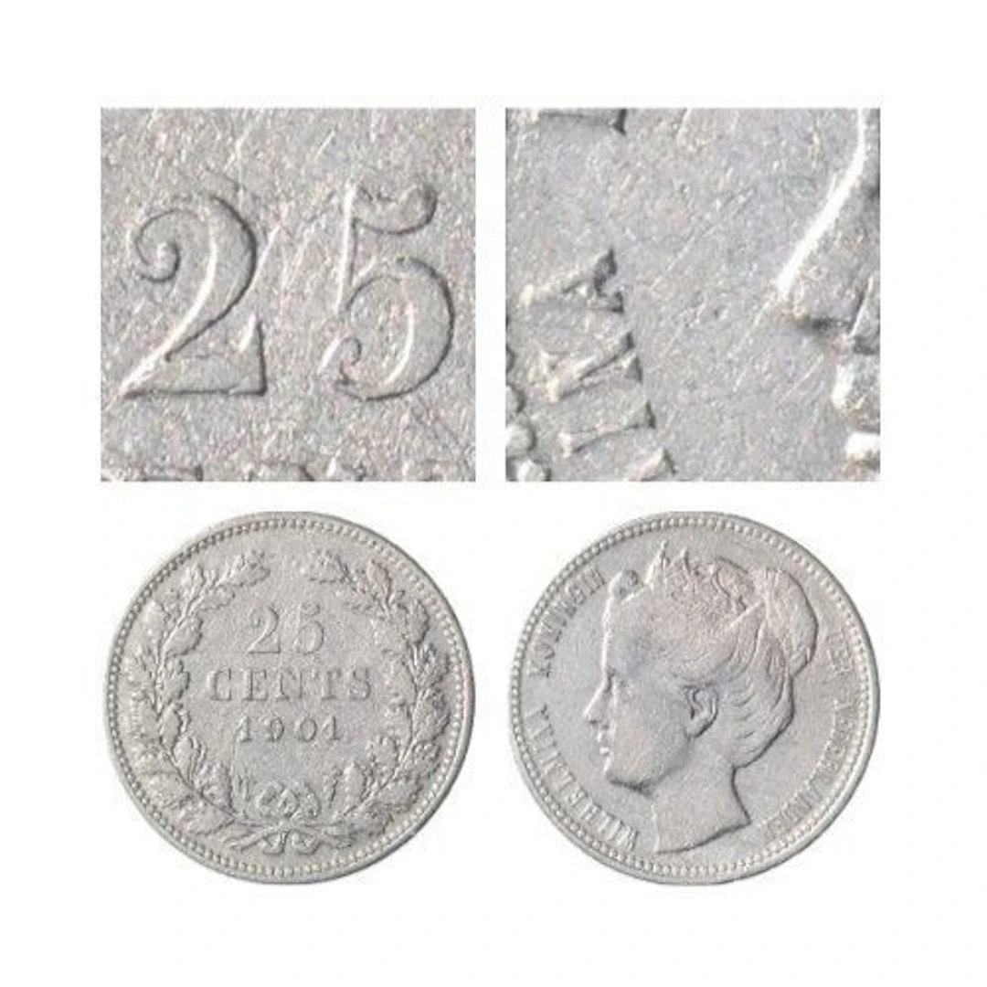 Netherlands. Wilhelmina. 25 Cents 1901 variant "Brede hals met gebolde 25"