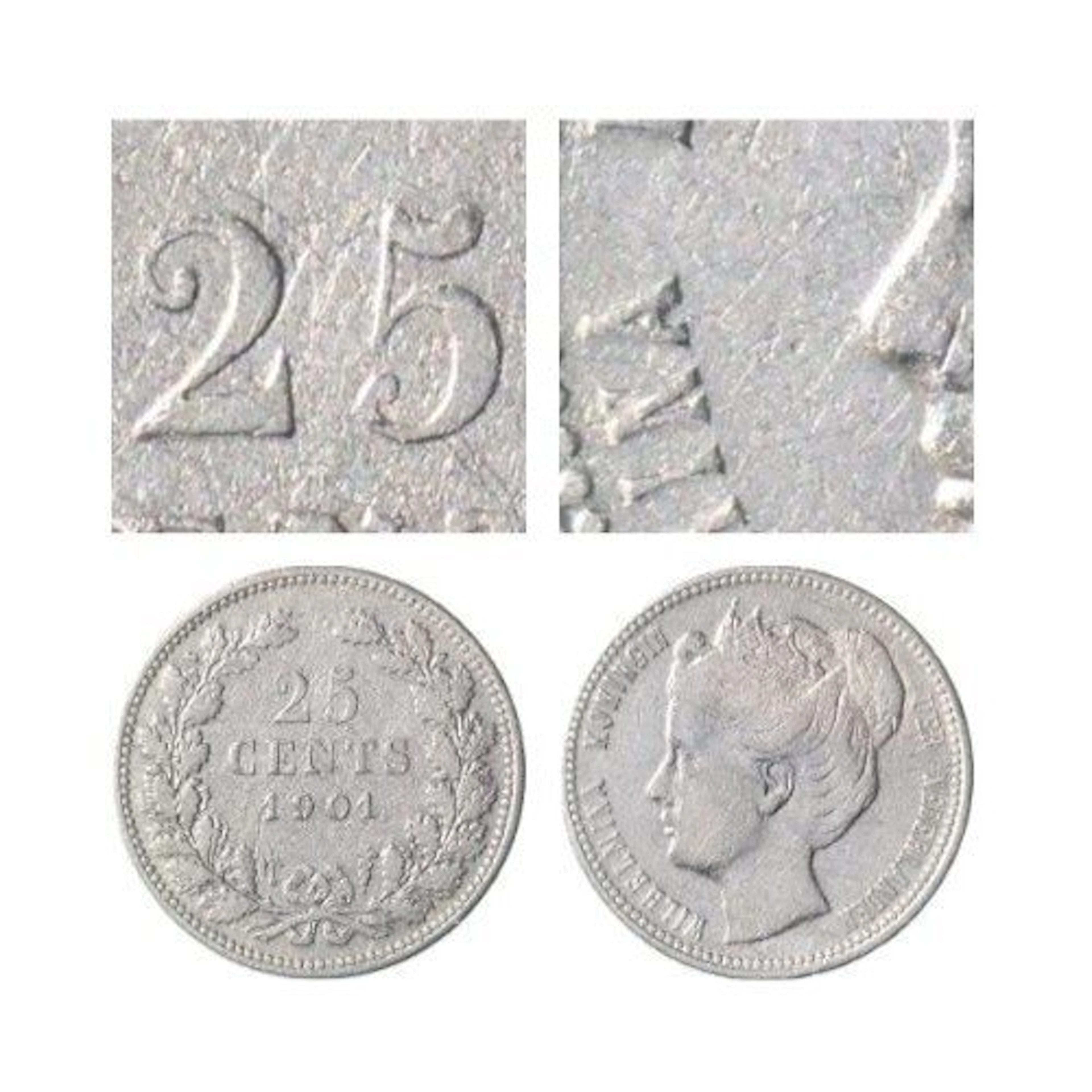 Netherlands. Wilhelmina. 25 Cents 1901 variant "Brede hals met gebolde 25"