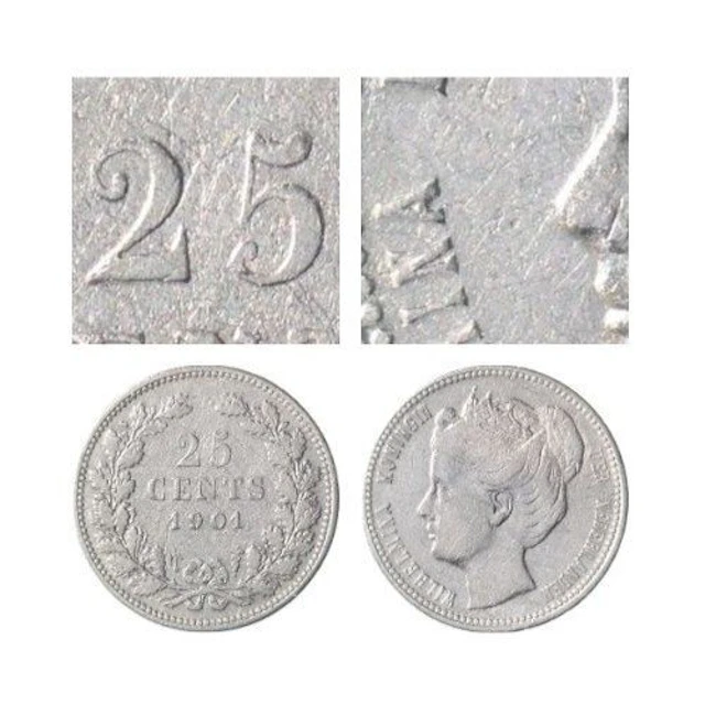 Netherlands. Wilhelmina. 25 Cents 1901 variant "Brede hals met gebolde 25"