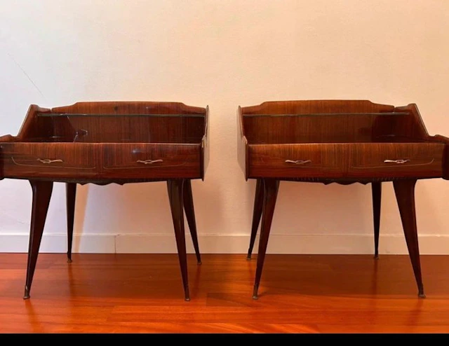 Nightstand - Wood, Glass, Brass - Pair of Paolo Buffa-style nightstands
