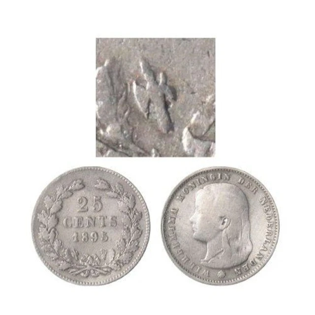 Netherlands. Wilhelmina. 25 Cents 1895 "muntmeesterteken schuin"