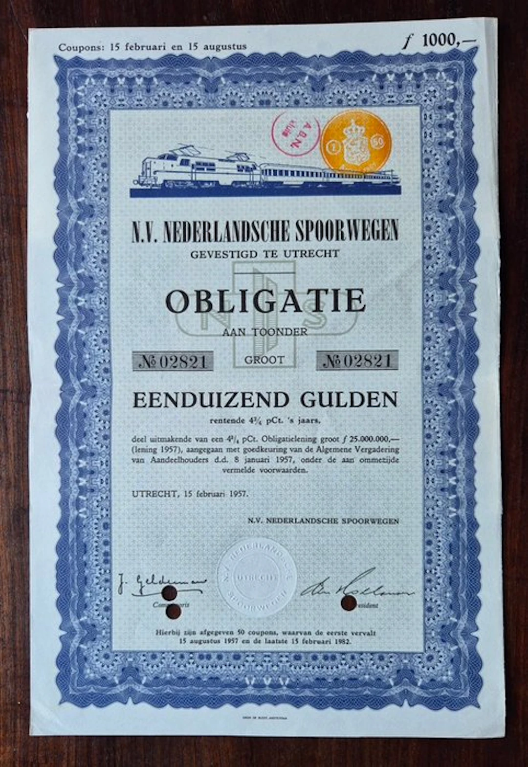 Netherlands. 1000 Gulden 1957 - Netherlands Railways