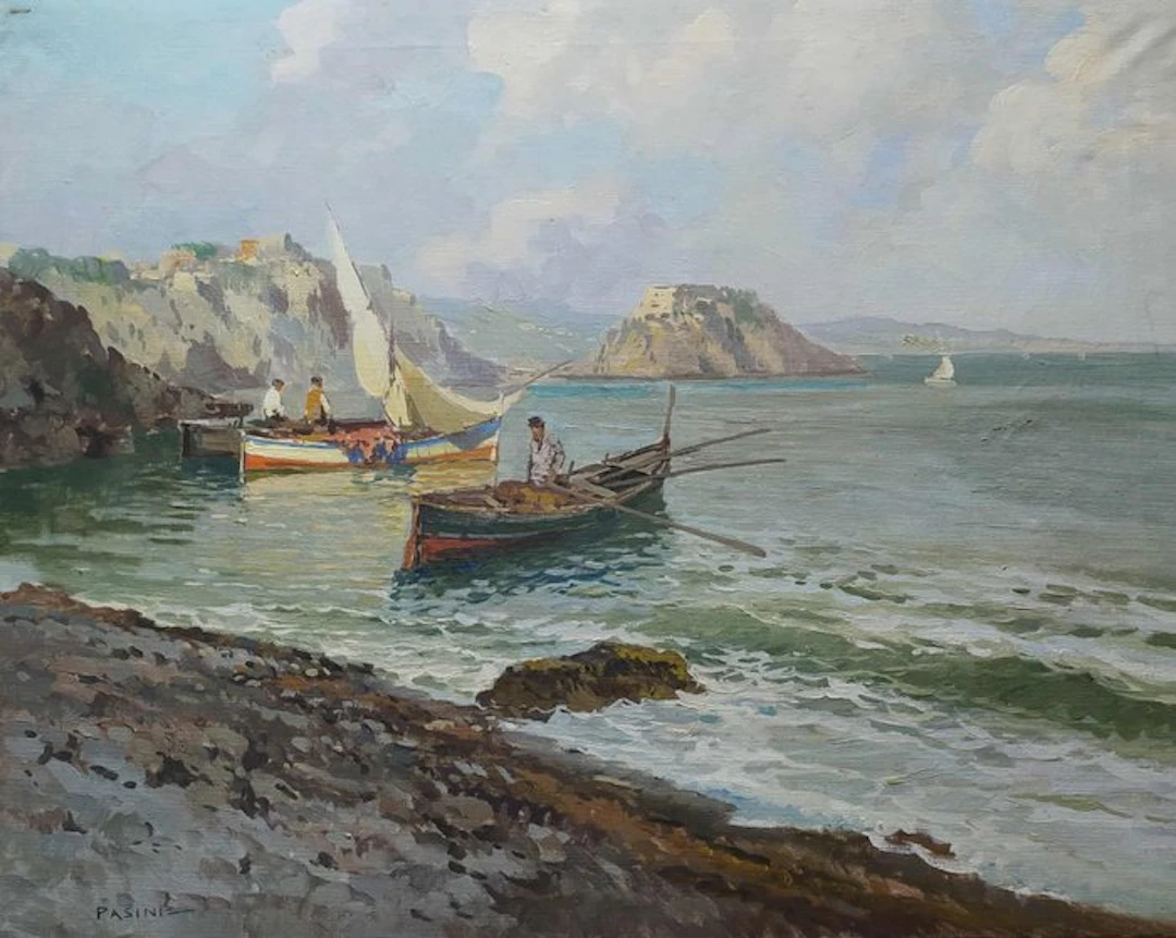 Lazzaro Pasini (1861-1949) - Veduta costiera con pescatori al rientro