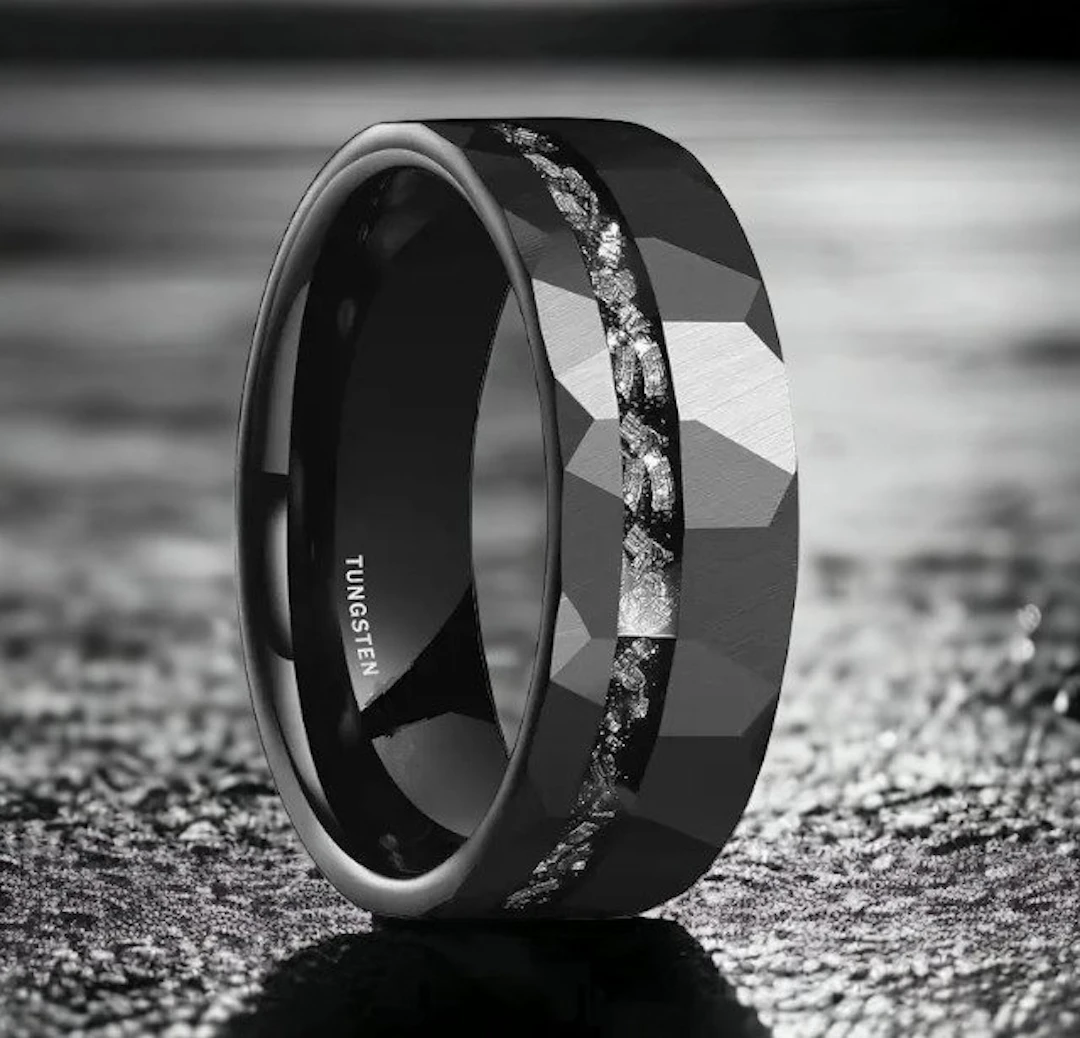 Tungsten ring. Meteorite inlays. The energy of the universe in your hands.- 7 g