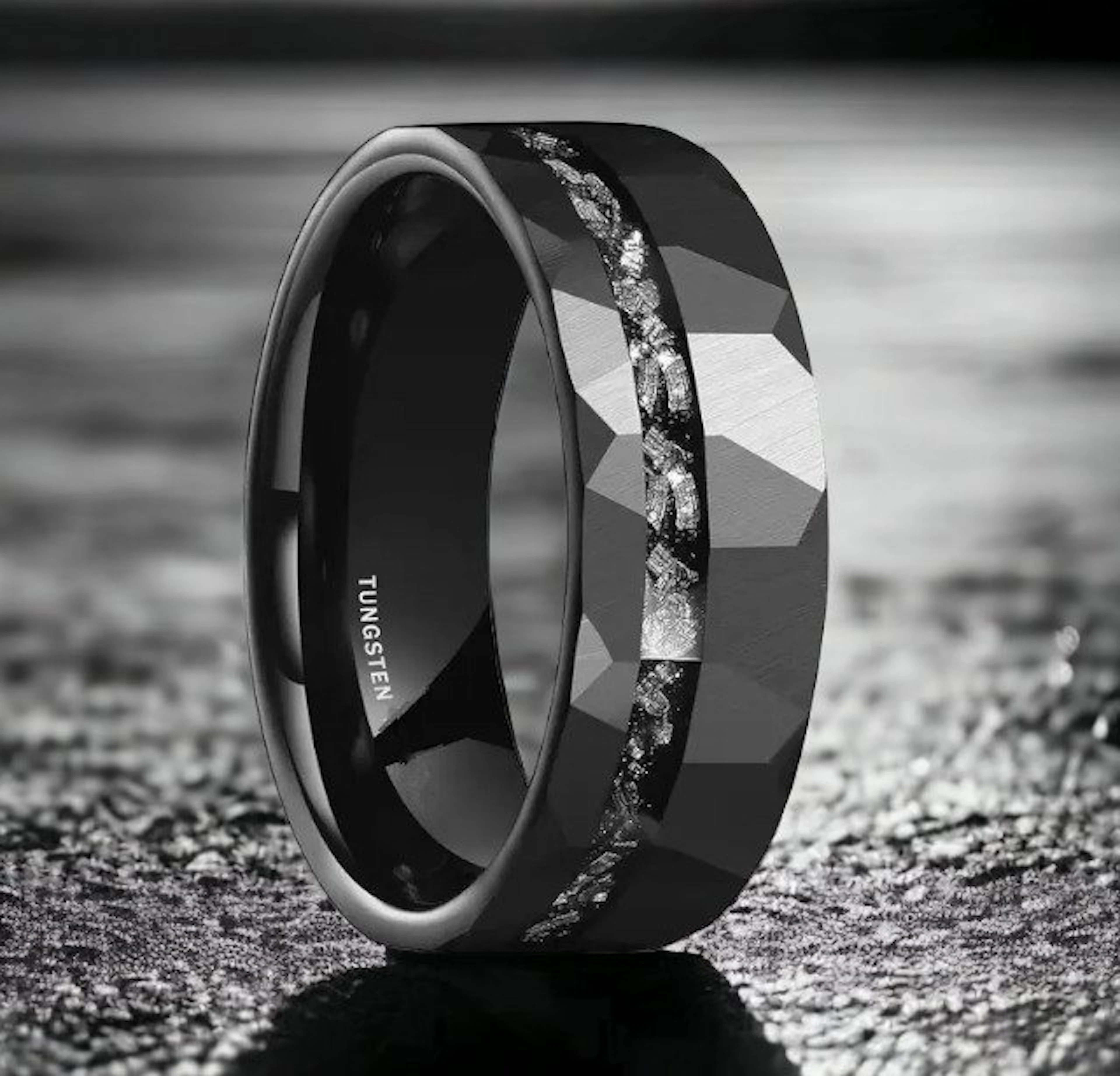 Tungsten ring. Meteorite inlays. The energy of the universe in your hands.- 7 g