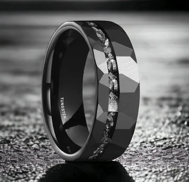 Tungsten ring. Meteorite inlays. The energy of the universe in your hands.- 7 g