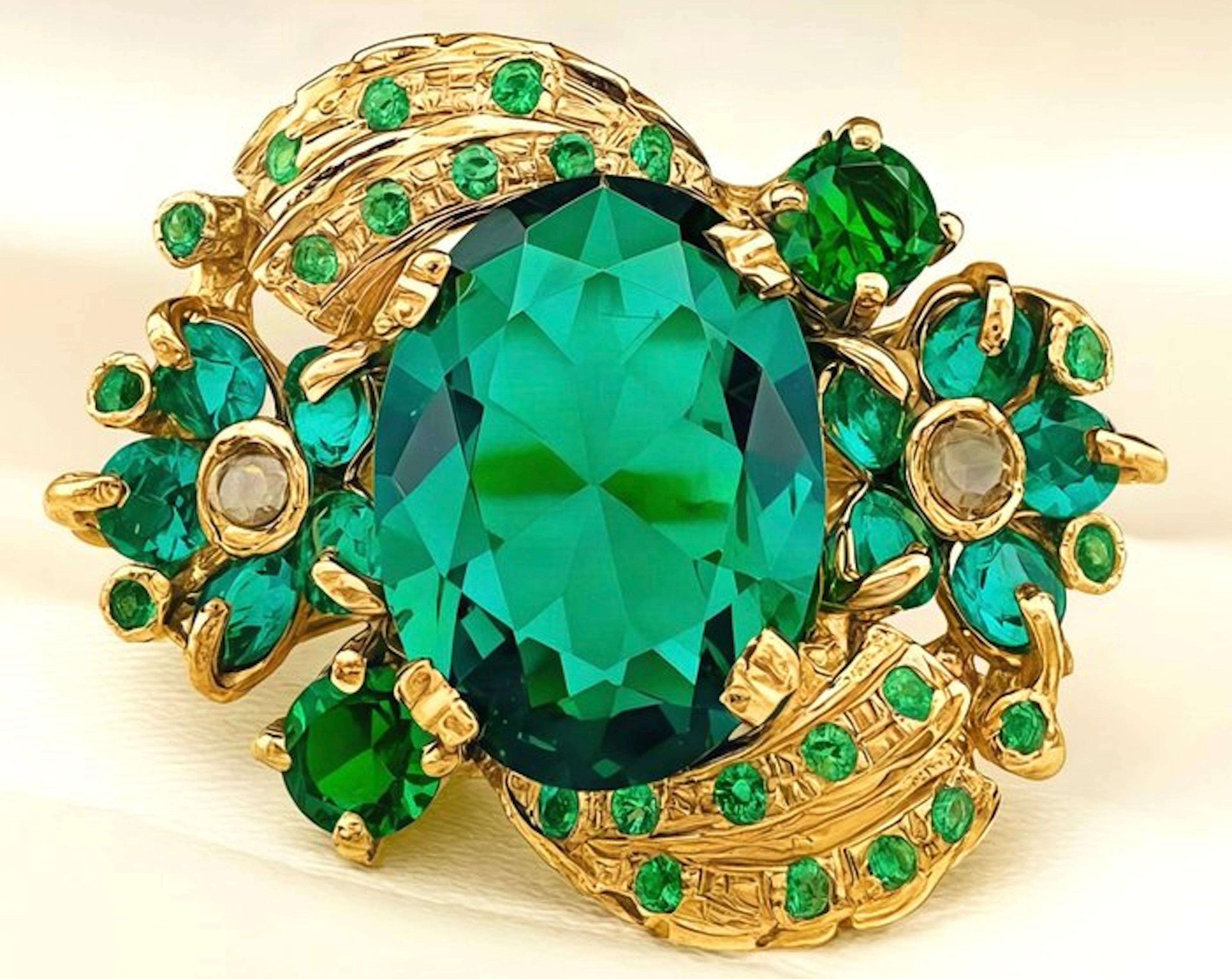 No reserve price - Ring - 9 kt. Yellow gold, Silver Emerald - Diamond