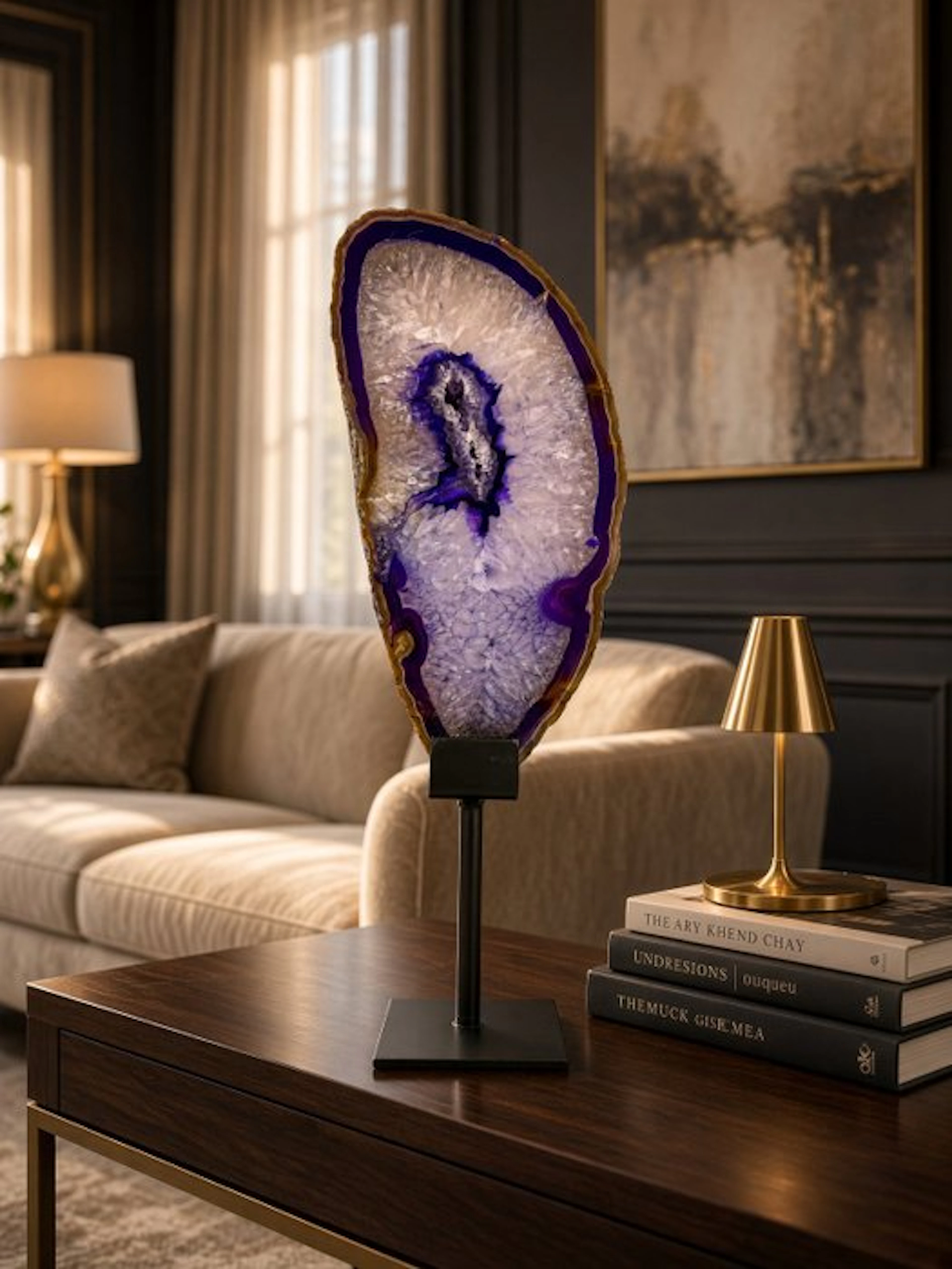 Very unique purple colored agate slice on stand Polished...