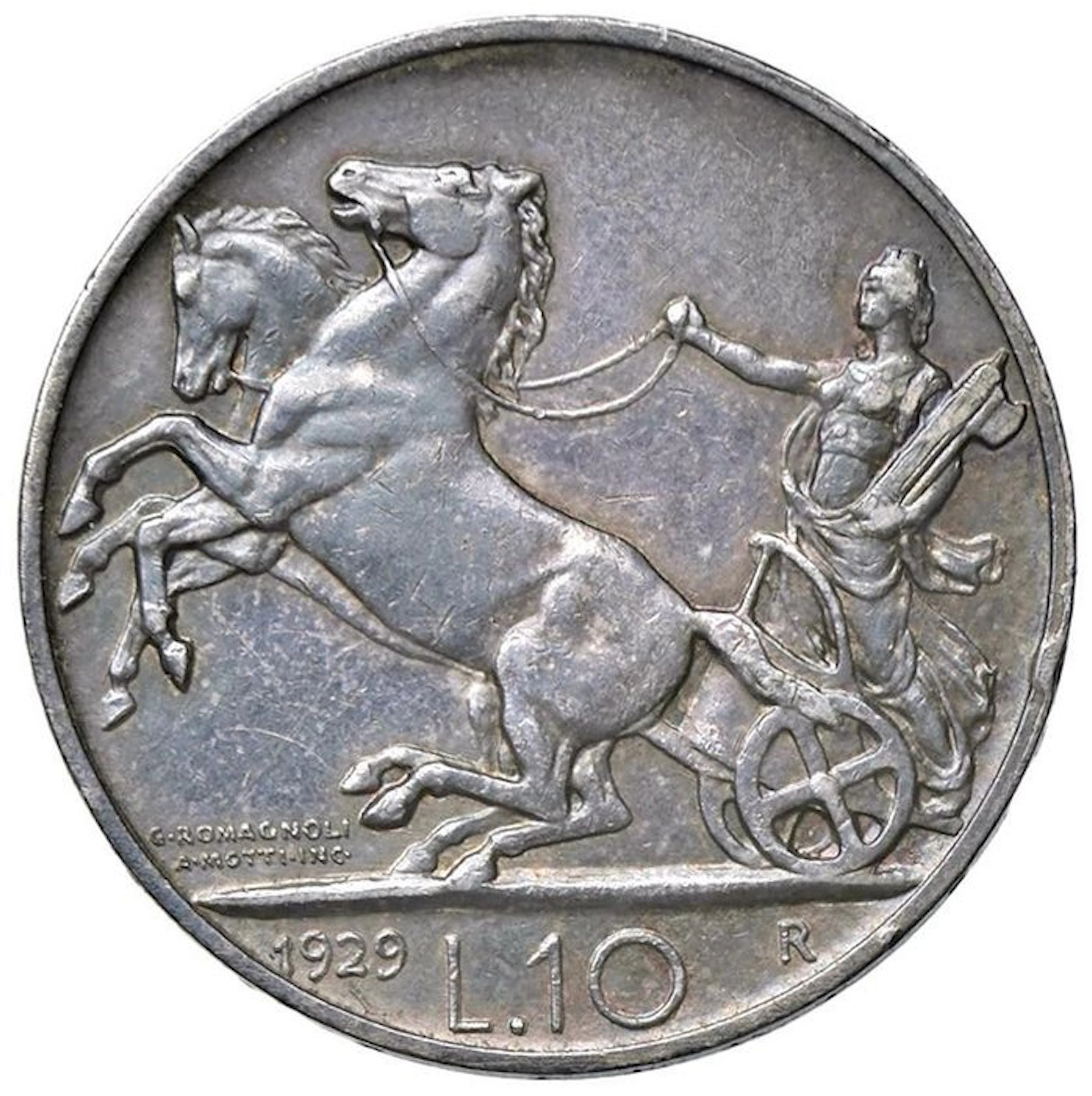 Italy, Kingdom Vittorio Emanuele III. 10 Lire 1929 "Biga" - 1 rosetta
