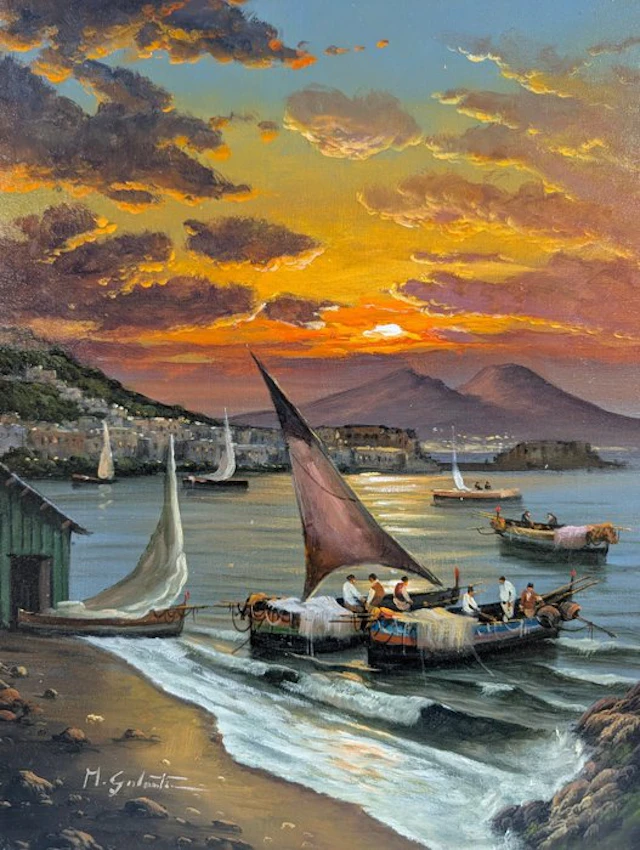 Mario Galanti (XX) - Tramonto sul Golfo di Napoli con barche di pescatori